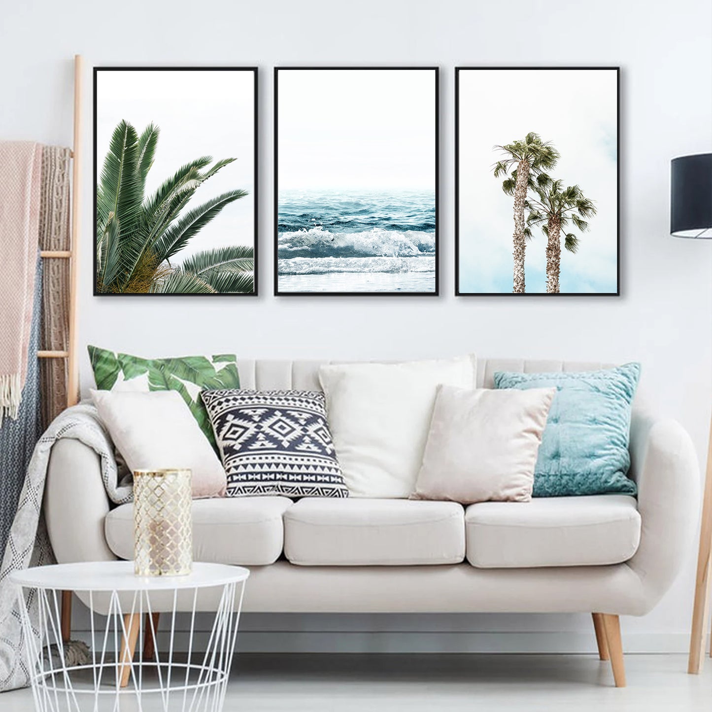 Tropical Plant Leaves 3 Piece Wall Art, Beach Poster, Palm Tree Wall Art Set, Ocean Wave Coastal Prints