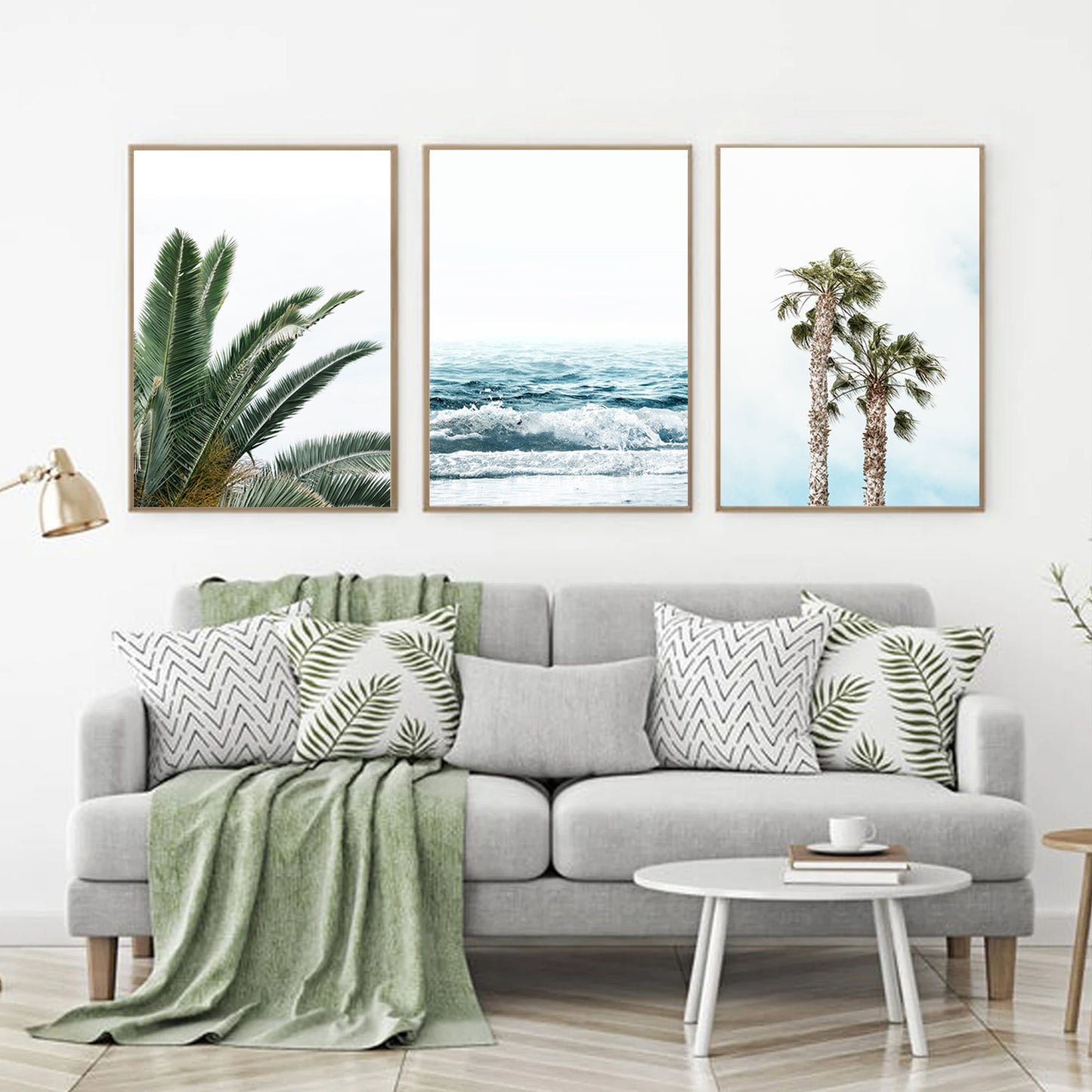 Tropical Plant Leaves 3 Piece Wall Art, Beach Poster, Palm Tree Wall Art Set, Ocean Wave Coastal Prints