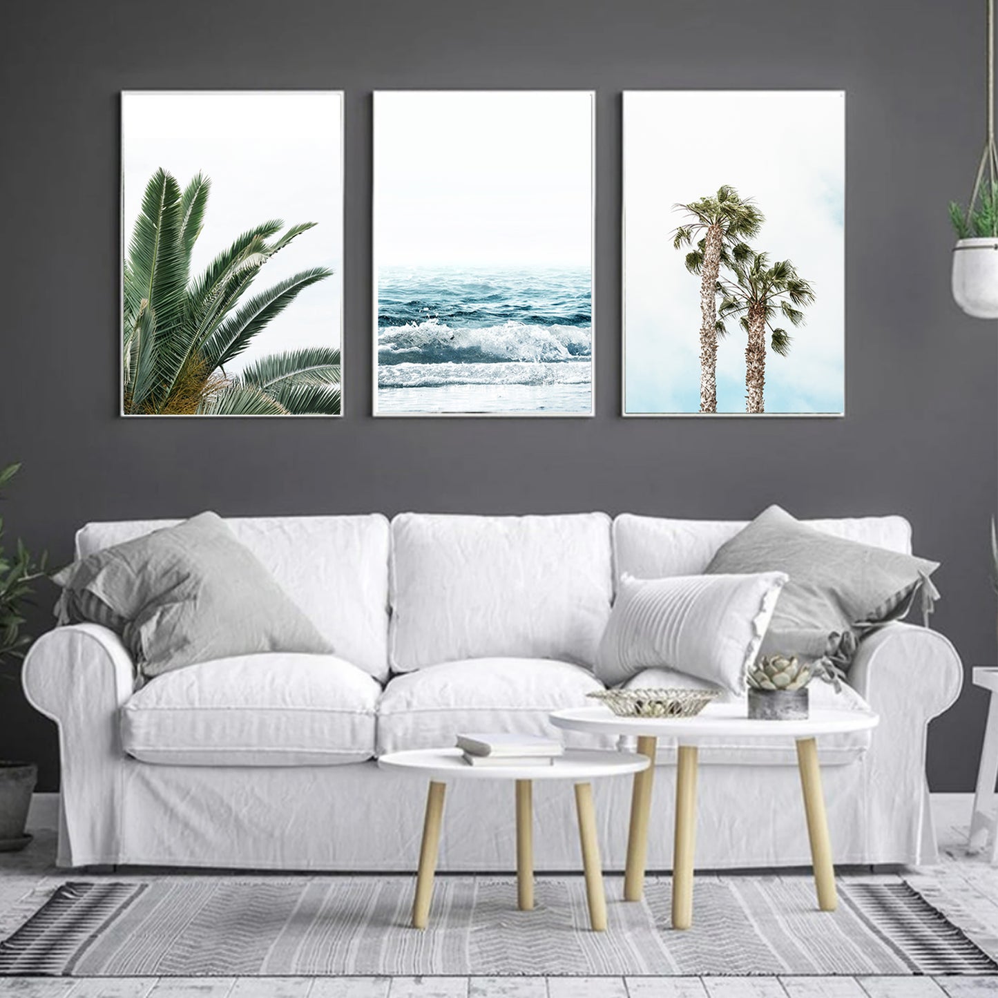 Tropical Plant Leaves 3 Piece Wall Art, Beach Poster, Palm Tree Wall Art Set, Ocean Wave Coastal Prints