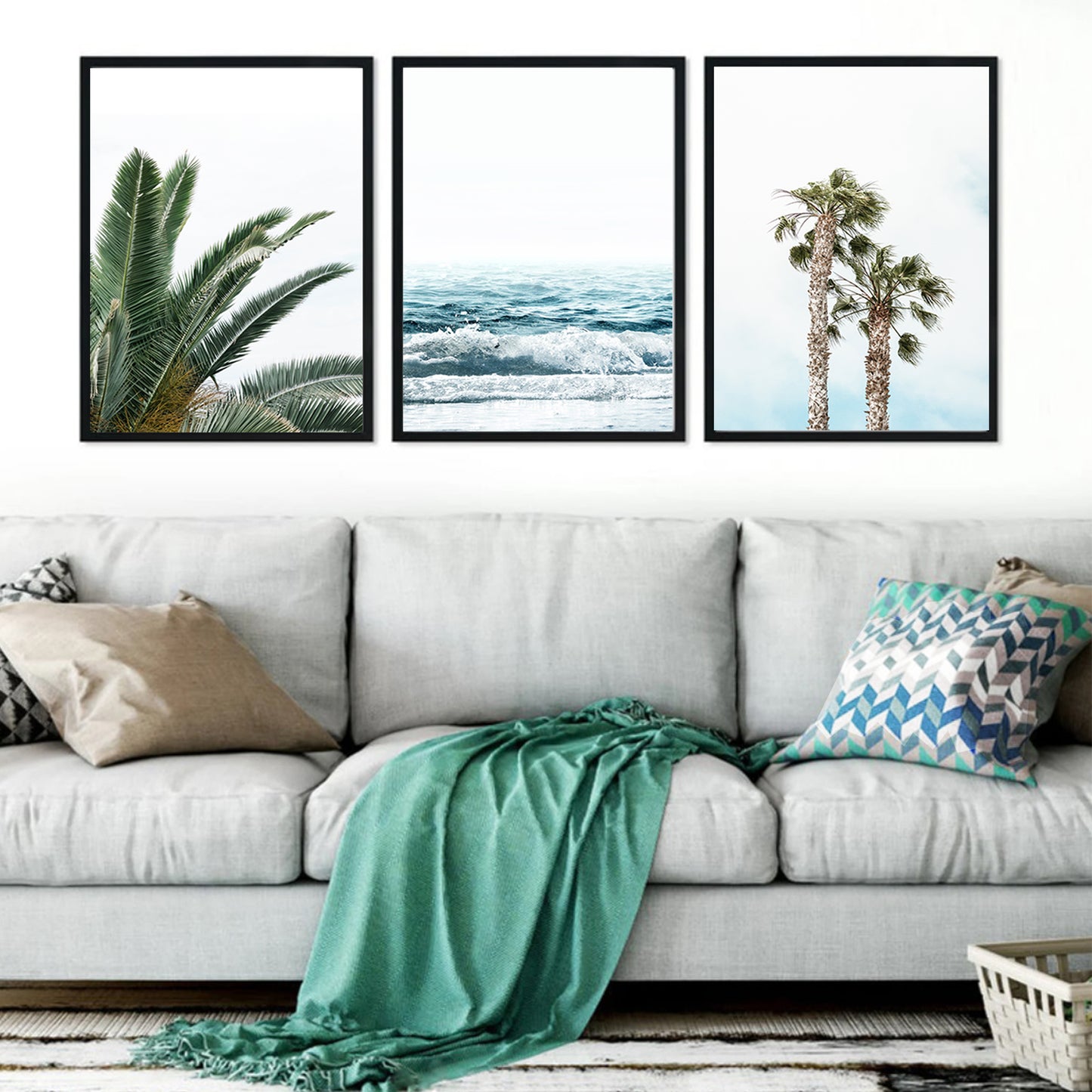 Tropical Plant Leaves 3 Piece Wall Art, Beach Poster, Palm Tree Wall Art Set, Ocean Wave Coastal Prints