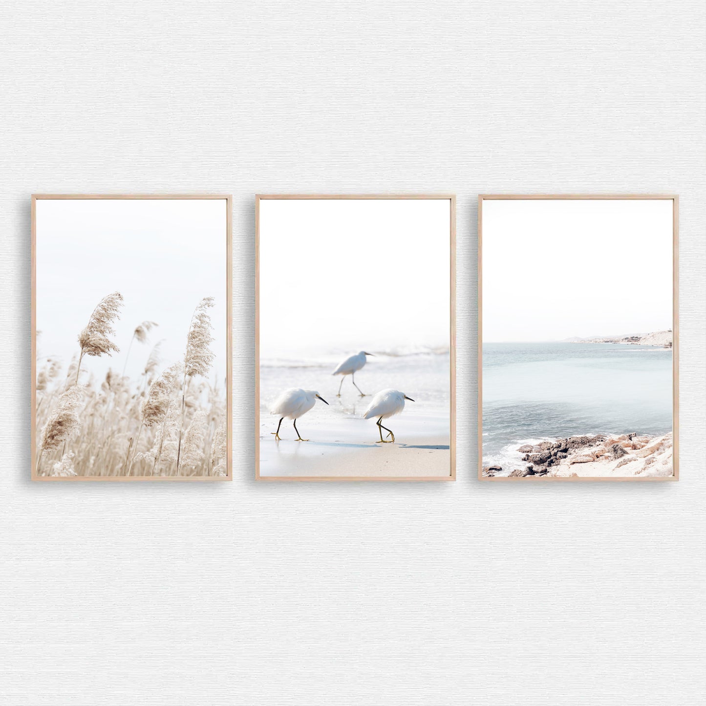 Coastal 3 Piece Wall Art with Gulls, Waves and Palma Grass | Neutral Colors Coastal Triptych