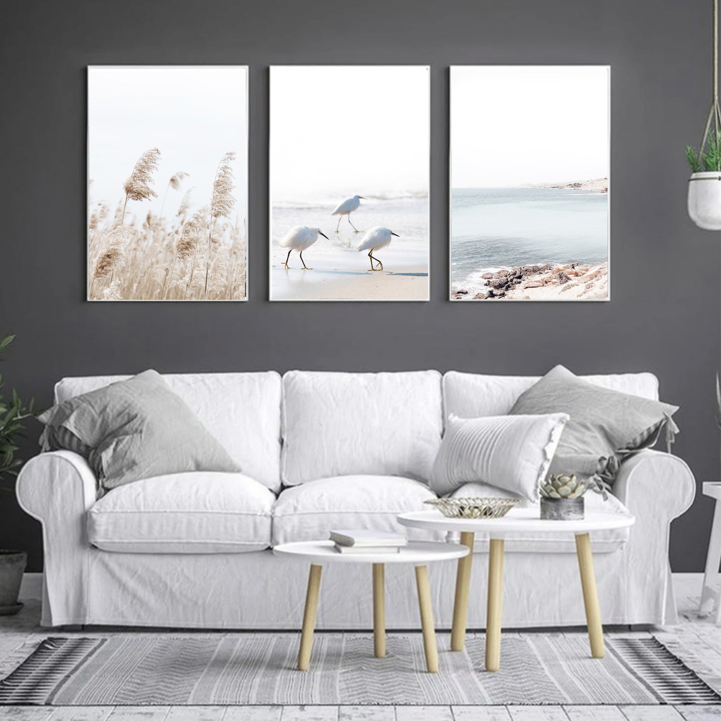 Coastal 3 Piece Wall Art with Gulls, Waves and Palma Grass | Neutral Colors Coastal Triptych
