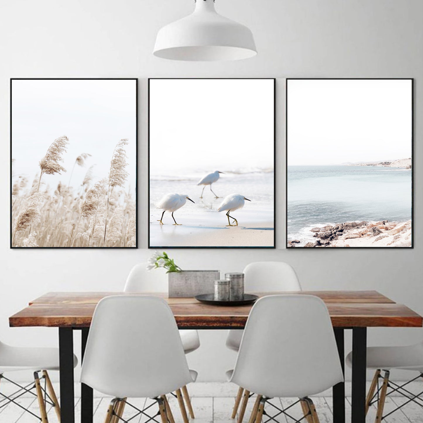 Coastal 3 Piece Wall Art with Gulls, Waves and Palma Grass | Neutral Colors Coastal Triptych