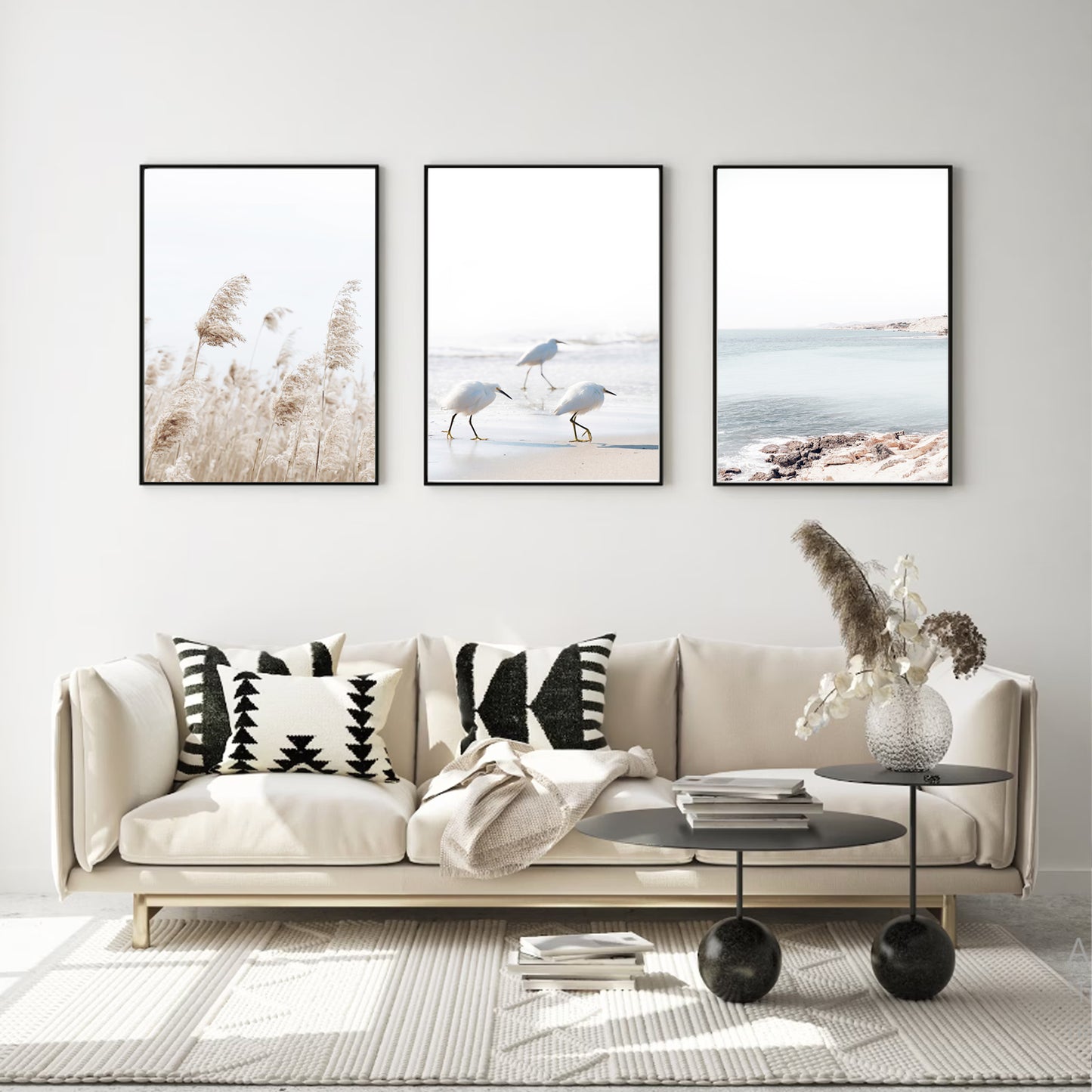 Coastal 3 Piece Wall Art with Gulls, Waves and Palma Grass | Neutral Colors Coastal Triptych