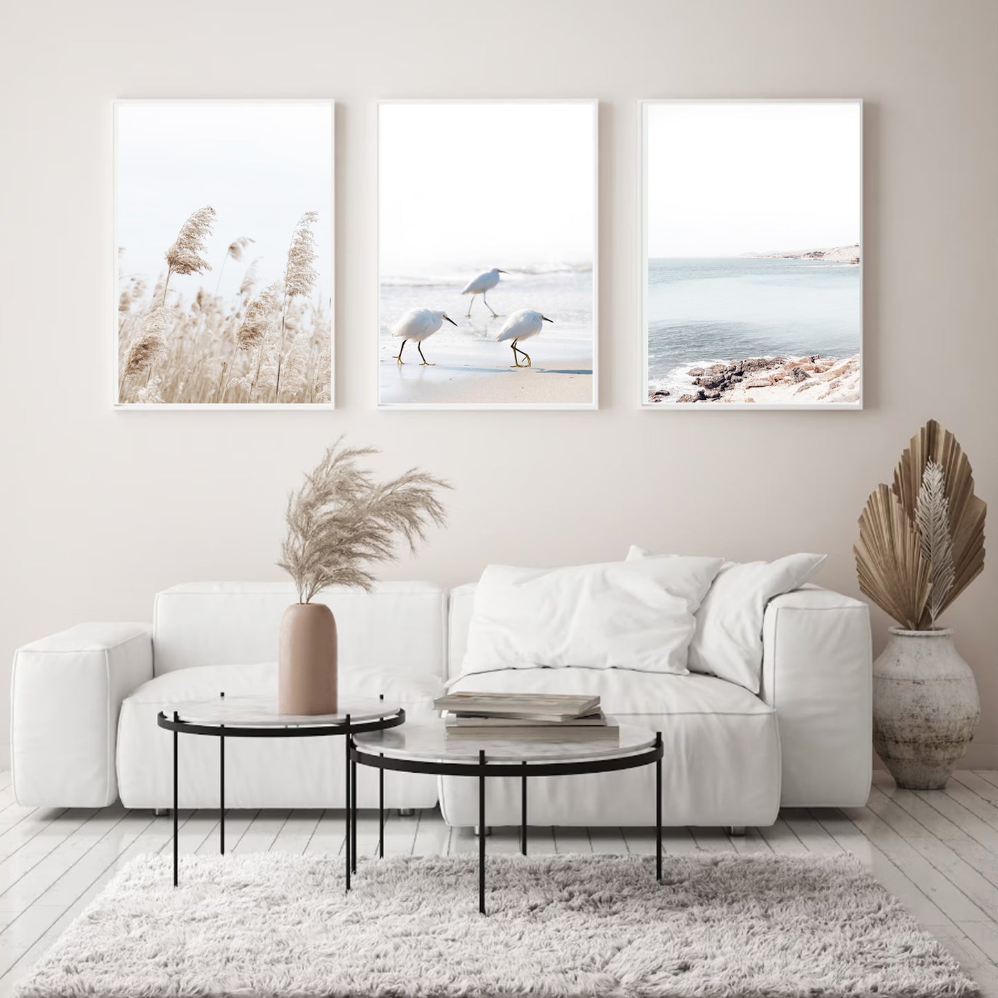 Coastal 3 Piece Wall Art with Gulls, Waves and Palma Grass | Neutral Colors Coastal Triptych