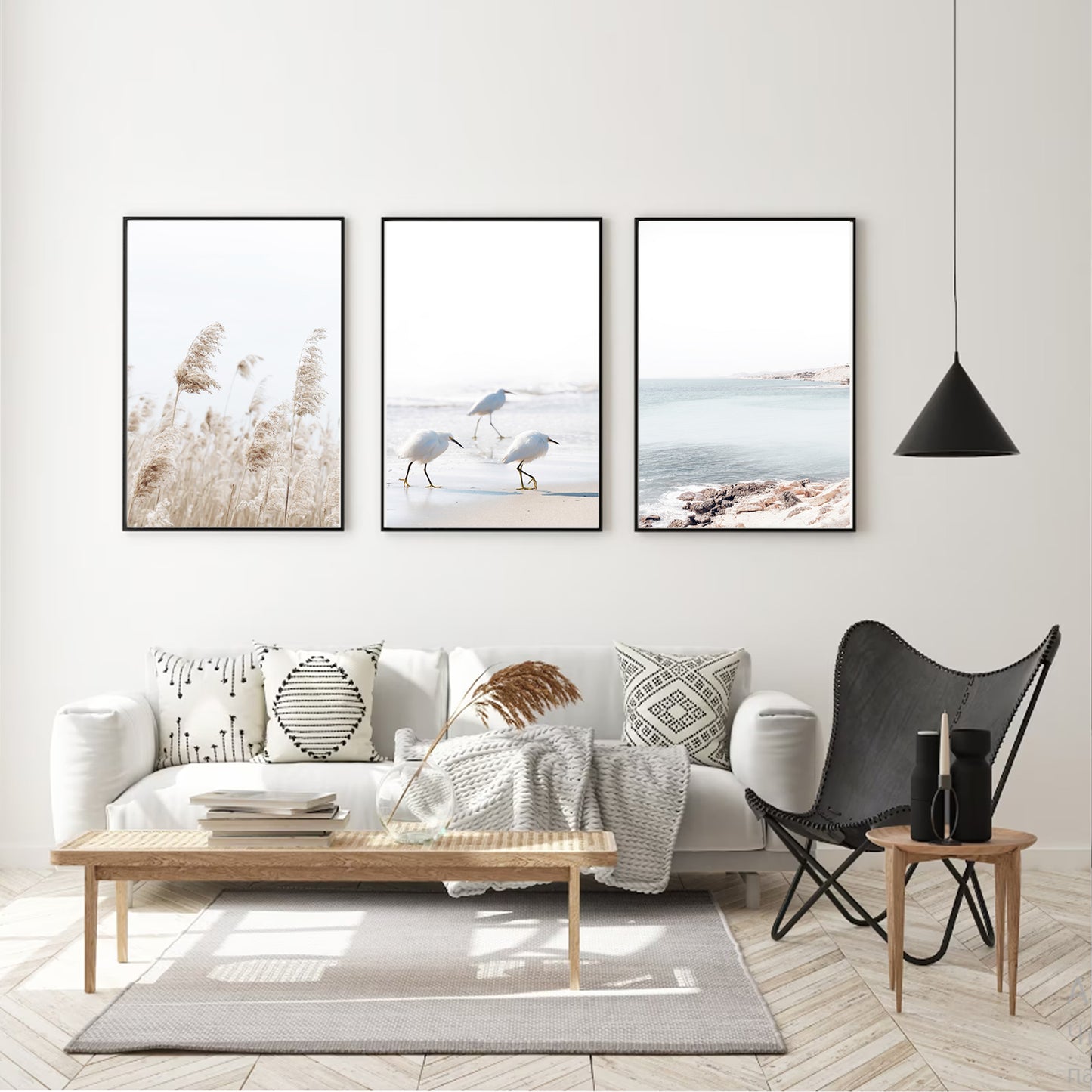 Coastal 3 Piece Wall Art with Gulls, Waves and Palma Grass | Neutral Colors Coastal Triptych