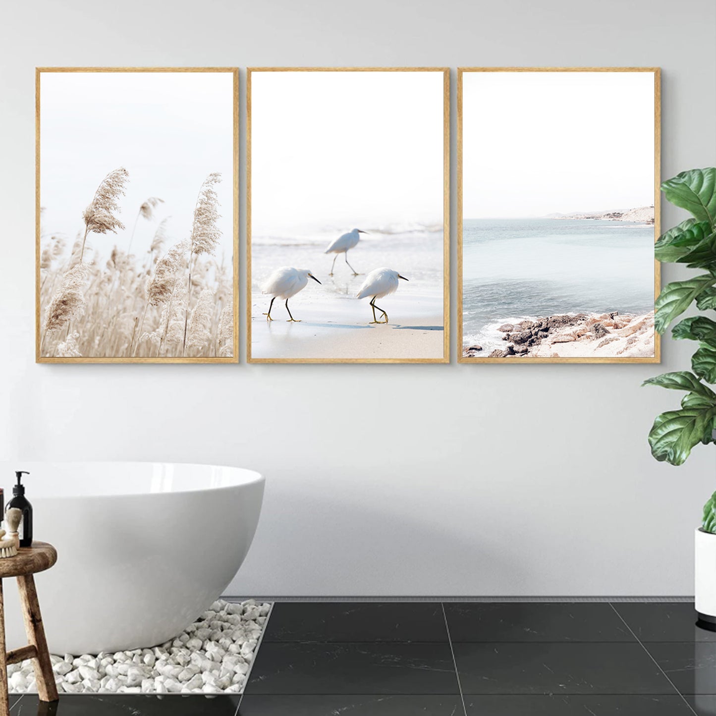 Coastal 3 Piece Wall Art with Gulls, Waves and Palma Grass | Neutral Colors Coastal Triptych