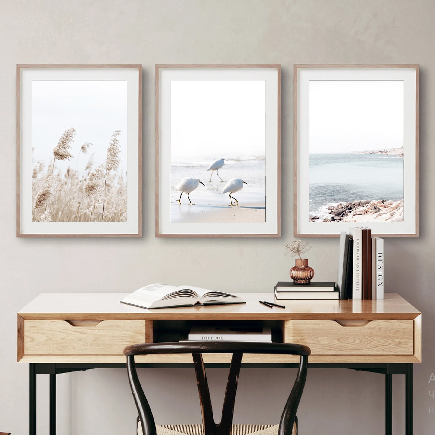 Coastal 3 Piece Wall Art with Gulls, Waves and Palma Grass | Neutral Colors Coastal Triptych