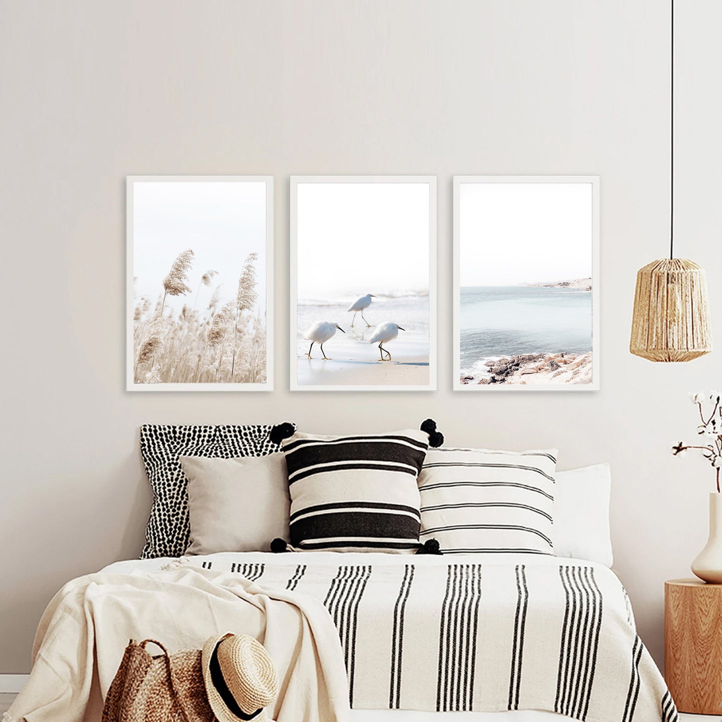 Coastal 3 Piece Wall Art with Gulls, Waves and Palma Grass | Neutral Colors Coastal Triptych