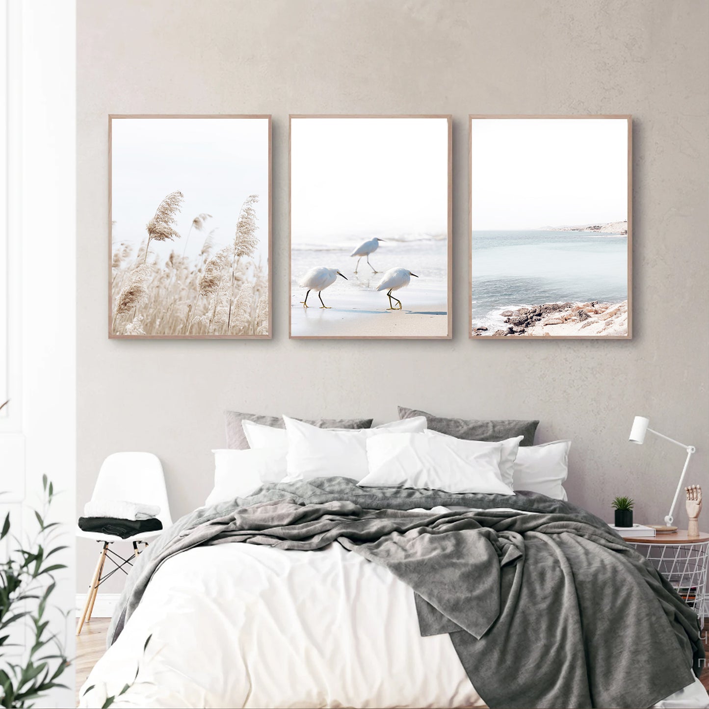 Coastal 3 Piece Wall Art with Gulls, Waves and Palma Grass | Neutral Colors Coastal Triptych