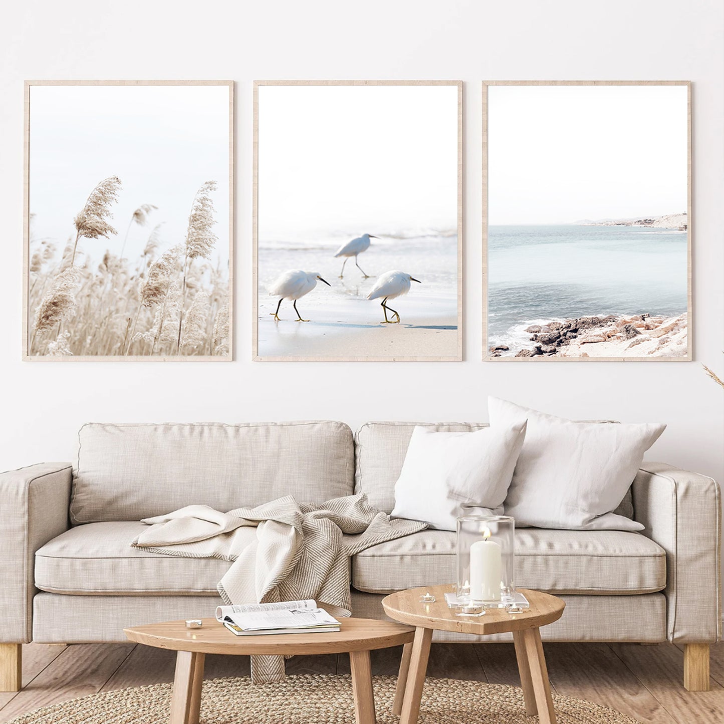 Coastal 3 Piece Wall Art with Gulls, Waves and Palma Grass | Neutral Colors Coastal Triptych