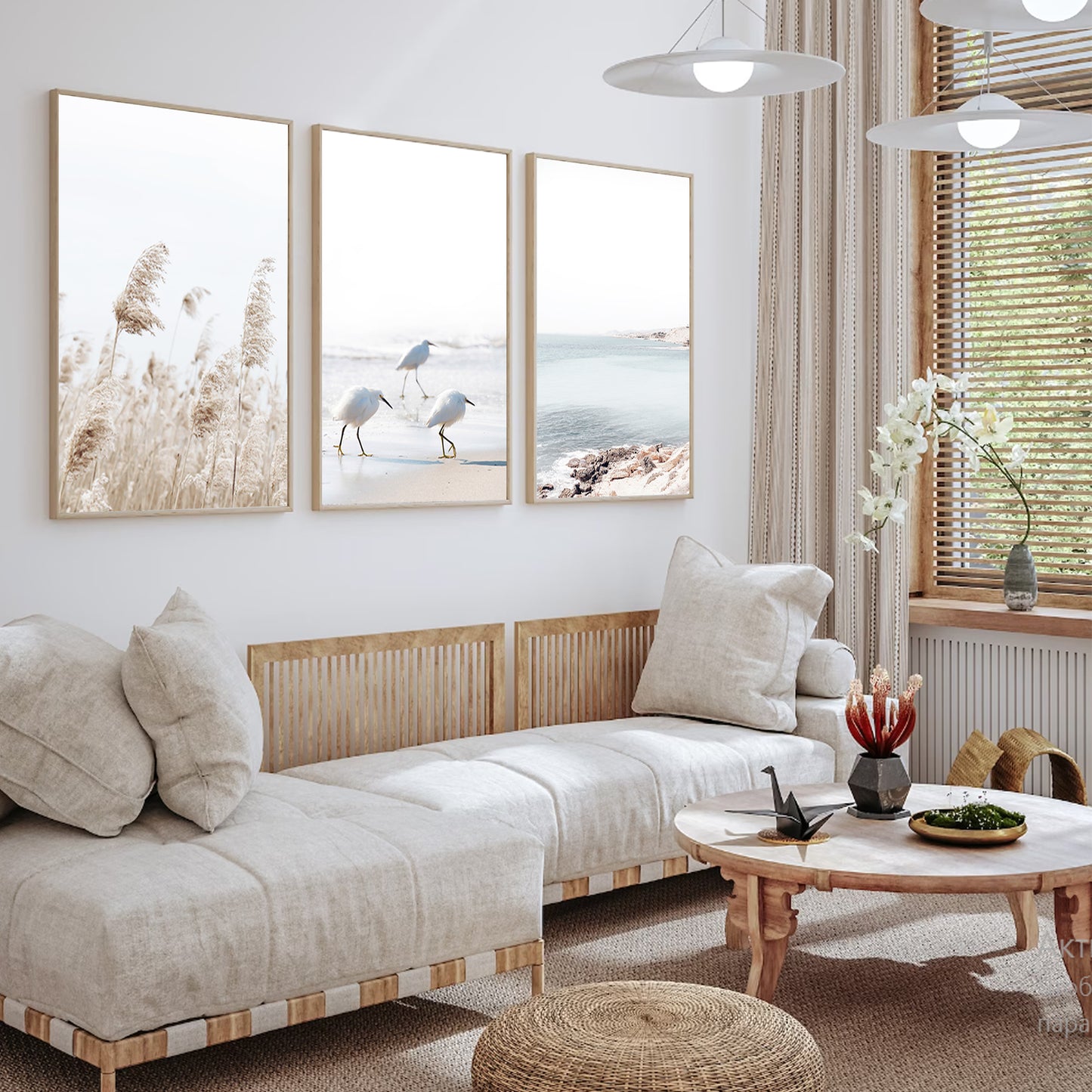Coastal 3 Piece Wall Art with Gulls, Waves and Palma Grass | Neutral Colors Coastal Triptych