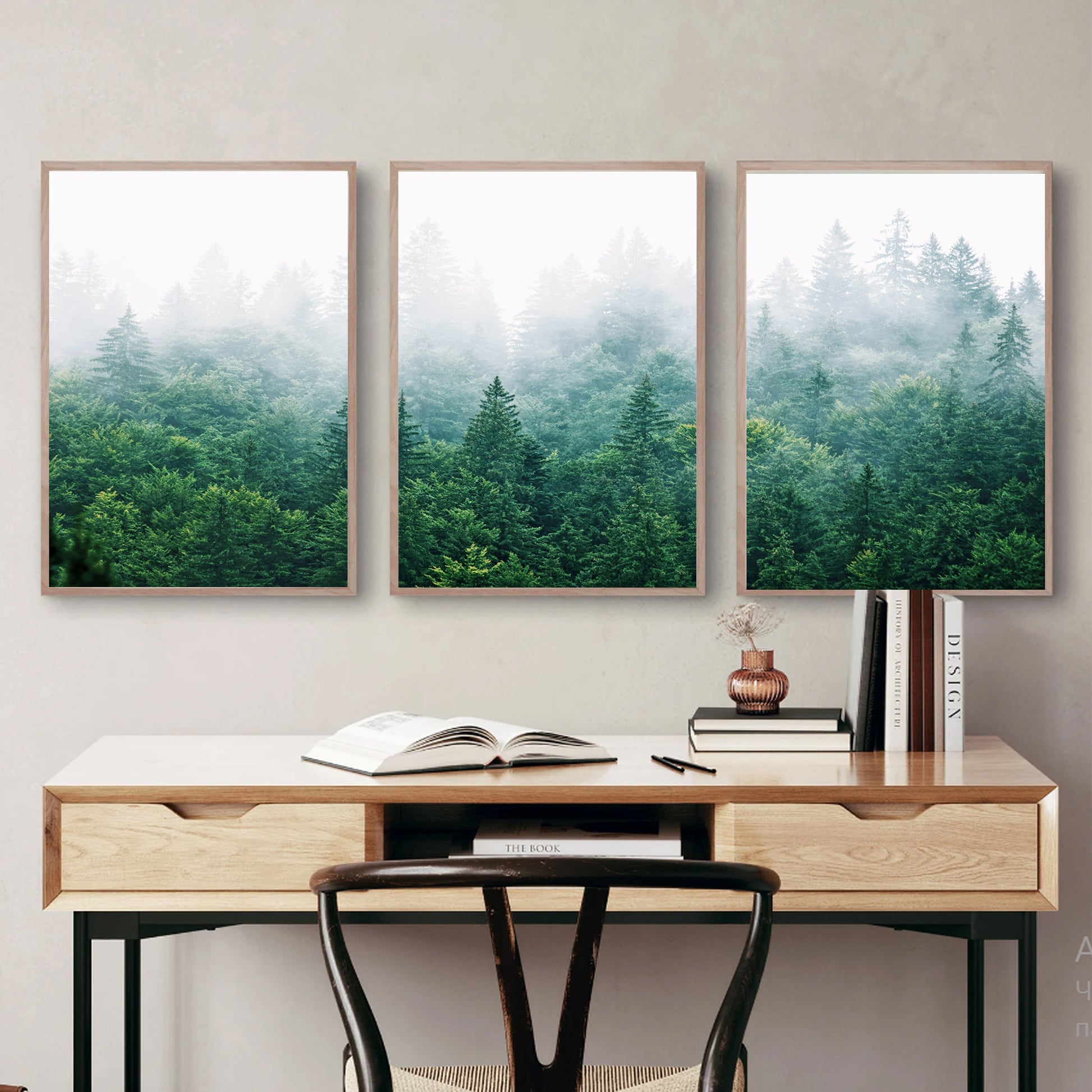 Morning forest panorama 3 piece wall art in wood color frames.