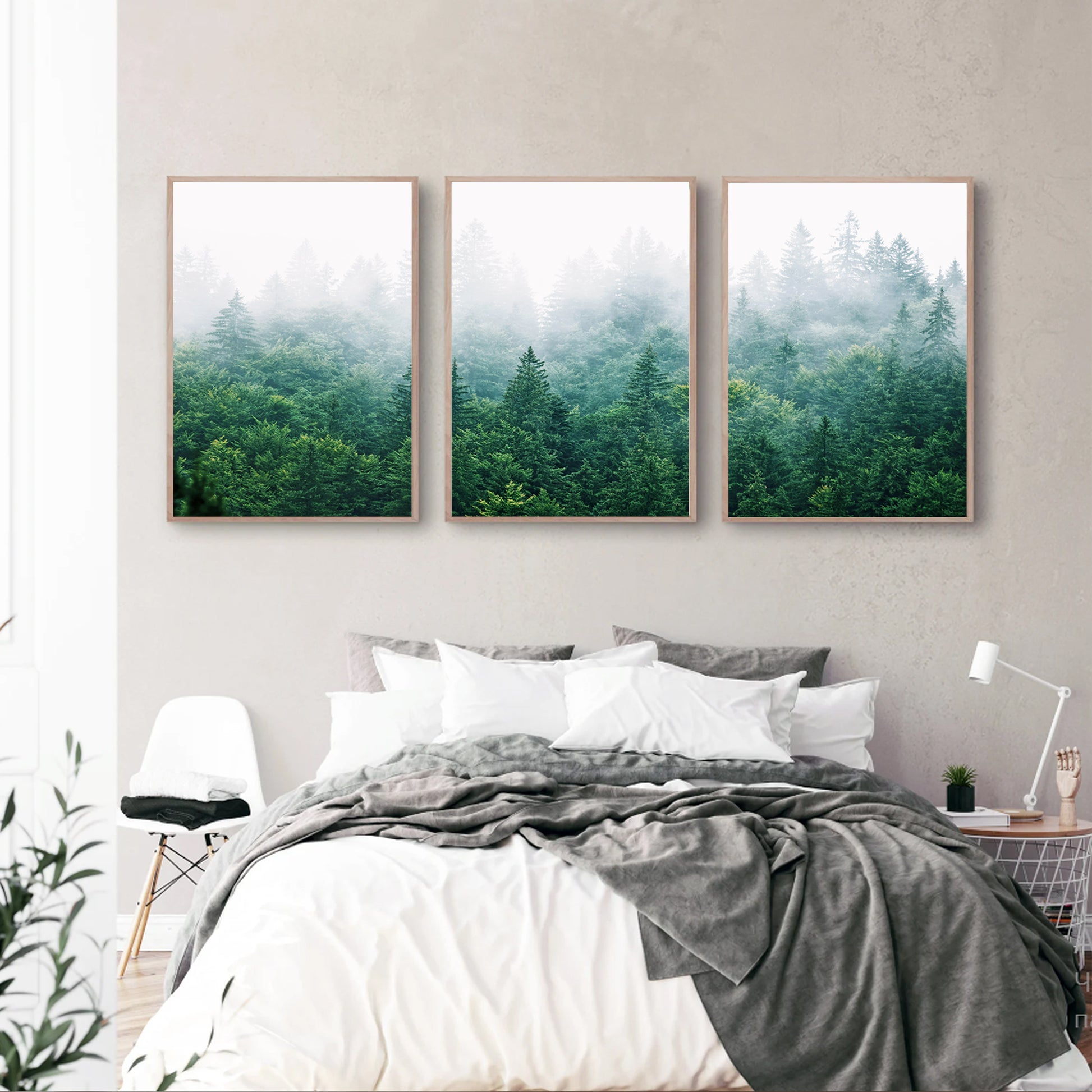 Morning forest triptych set in bedroom.