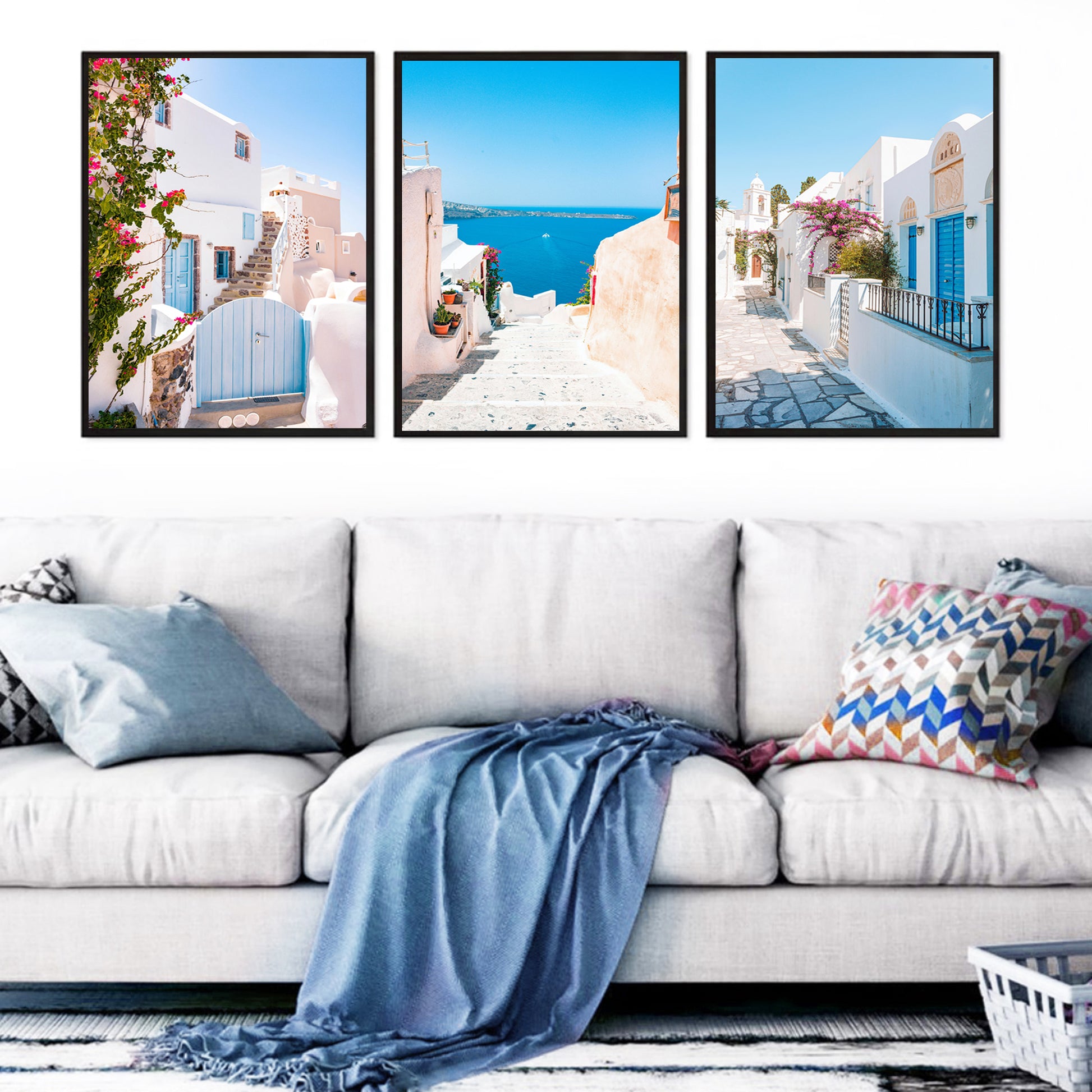A triptych of seaside views of Santorini island.