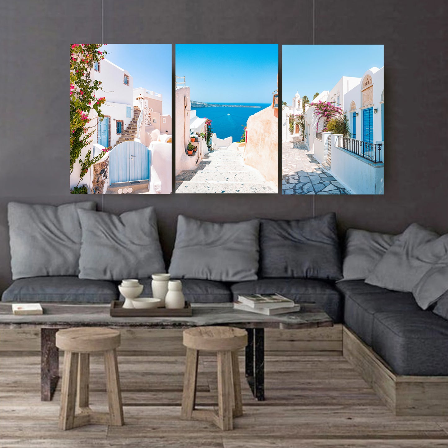 Santorini 3 panel canvas art.