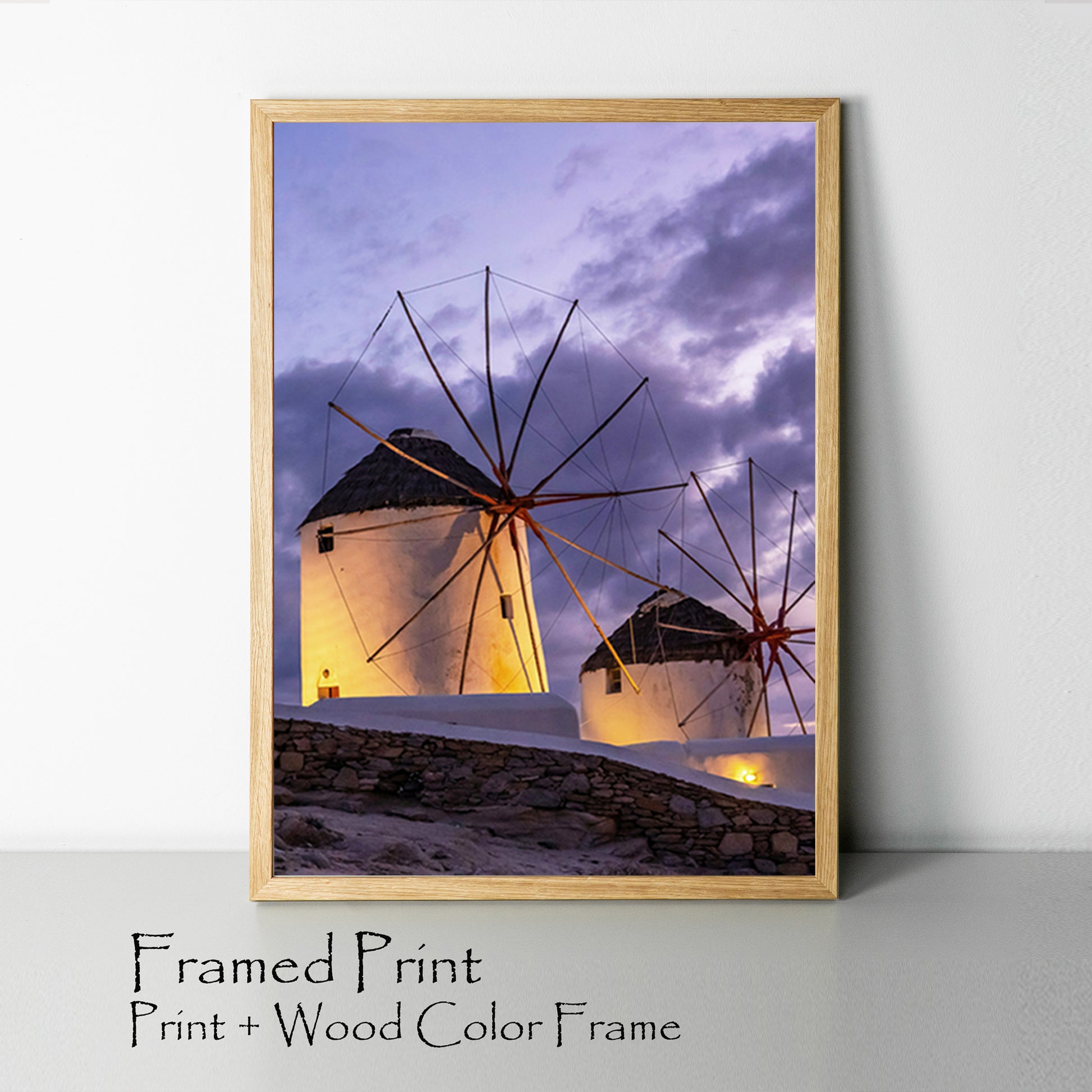 Santorini windmills at sunset poster