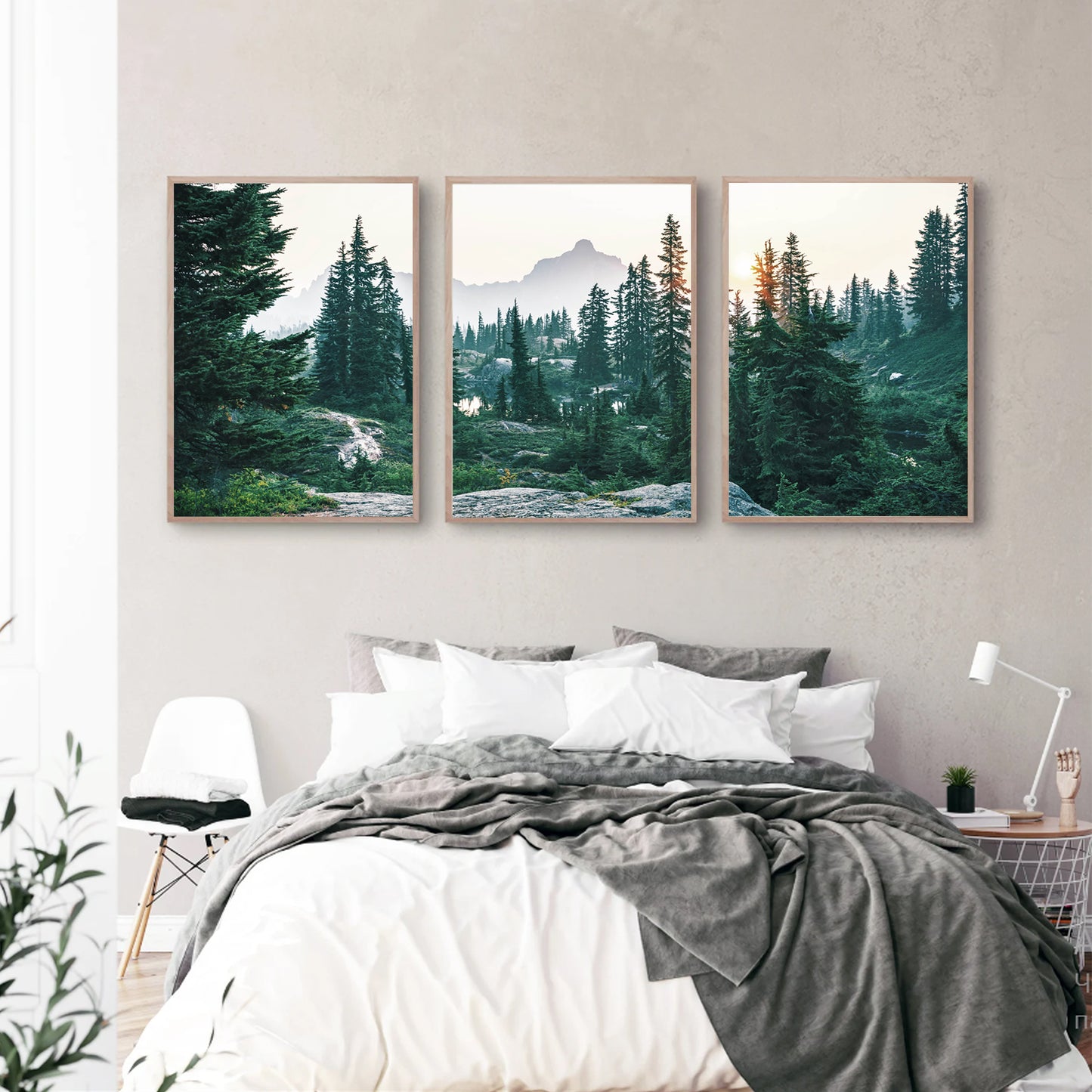 Dawn in the forest 3 piece wall art in bedroom.