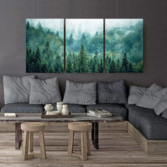 Set of 3 canvas with a green forest against a dark gray-black wall.