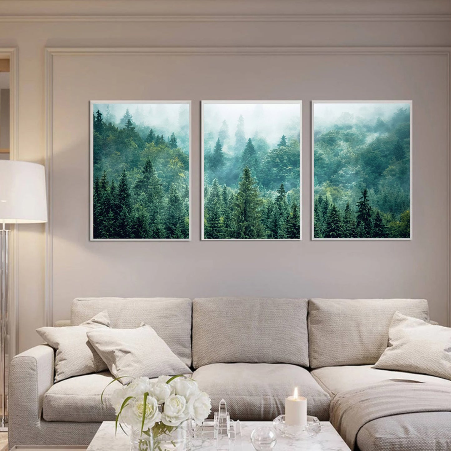 Tableau mural en 3 parties avec panorama de la forêt verte | Triptyque de la forêt brumeuse