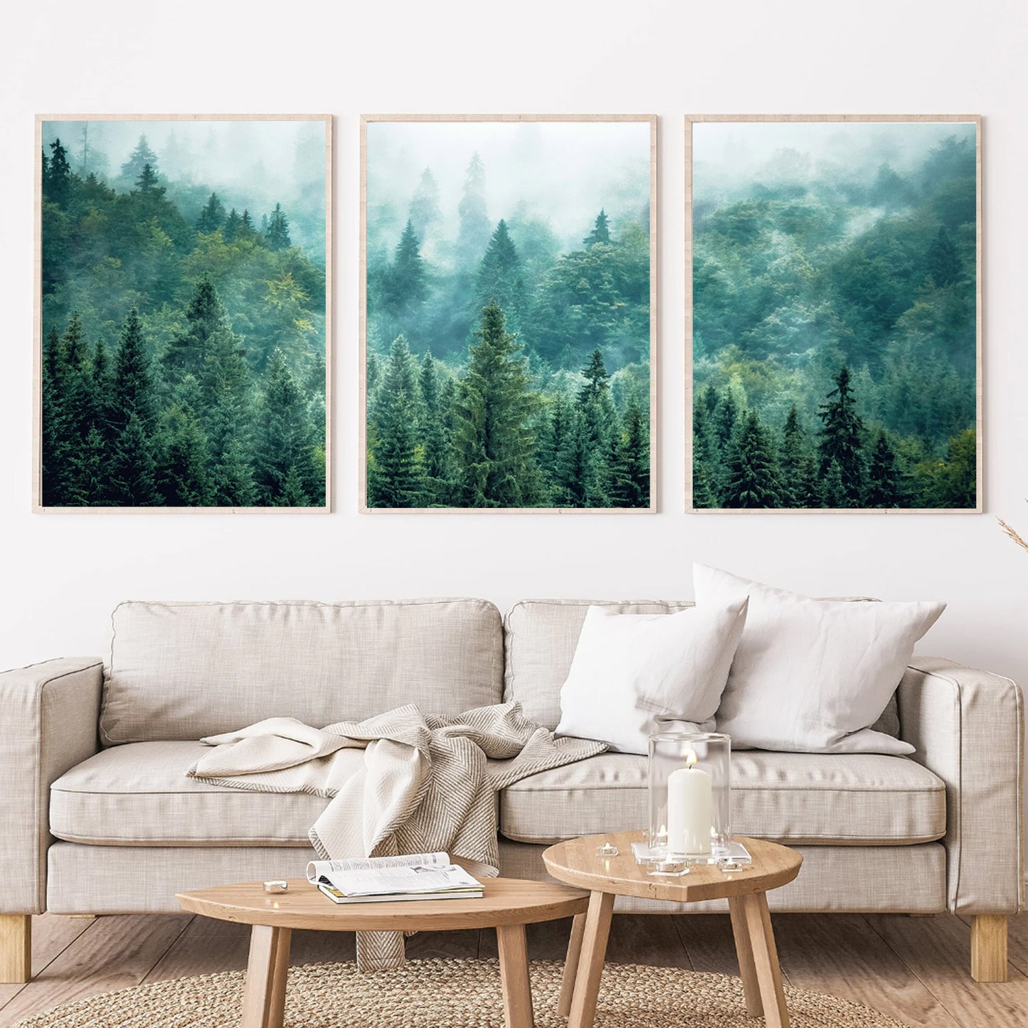 3-teiliges Wandbild mit grünem Waldpanorama | Triptychon „Nebliger Wald“