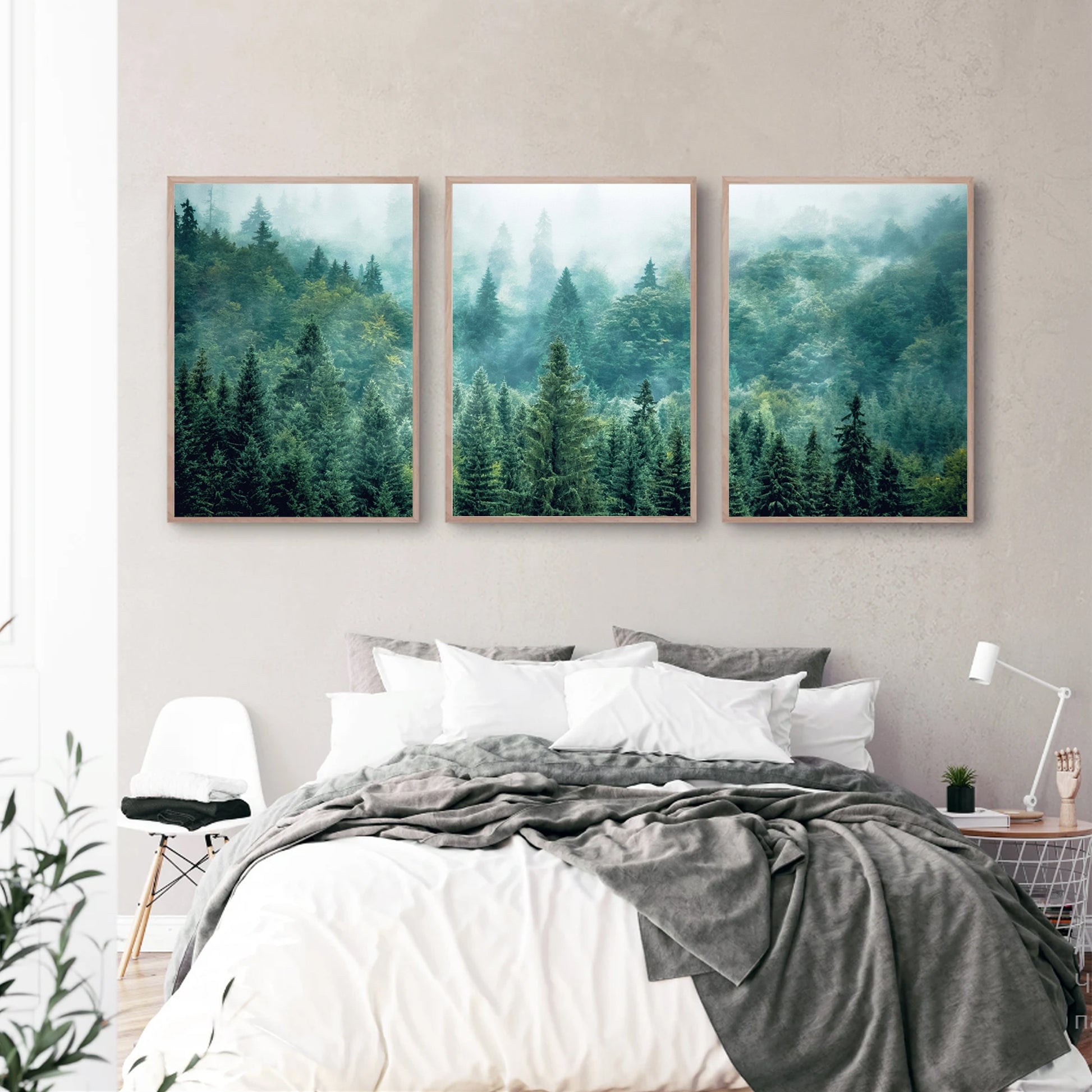 Forest triptych decorates the bedroom.