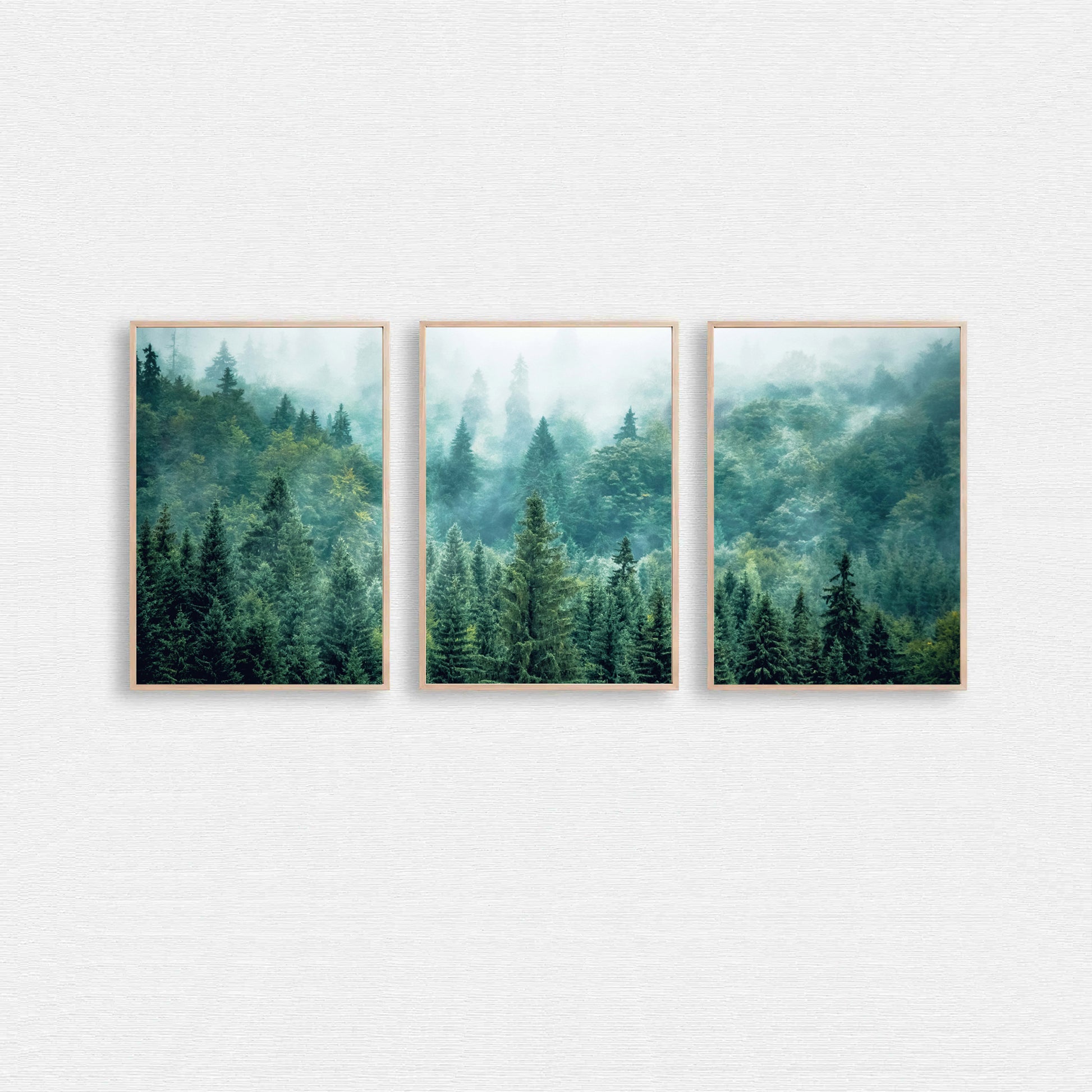 Panorama of green forest in wood color frames.