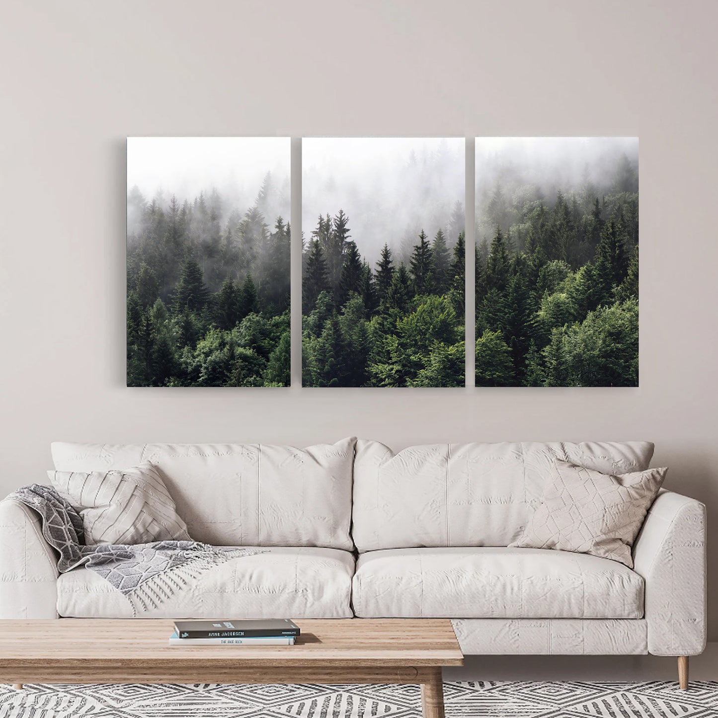 Foggy landscape canvas in living room.
