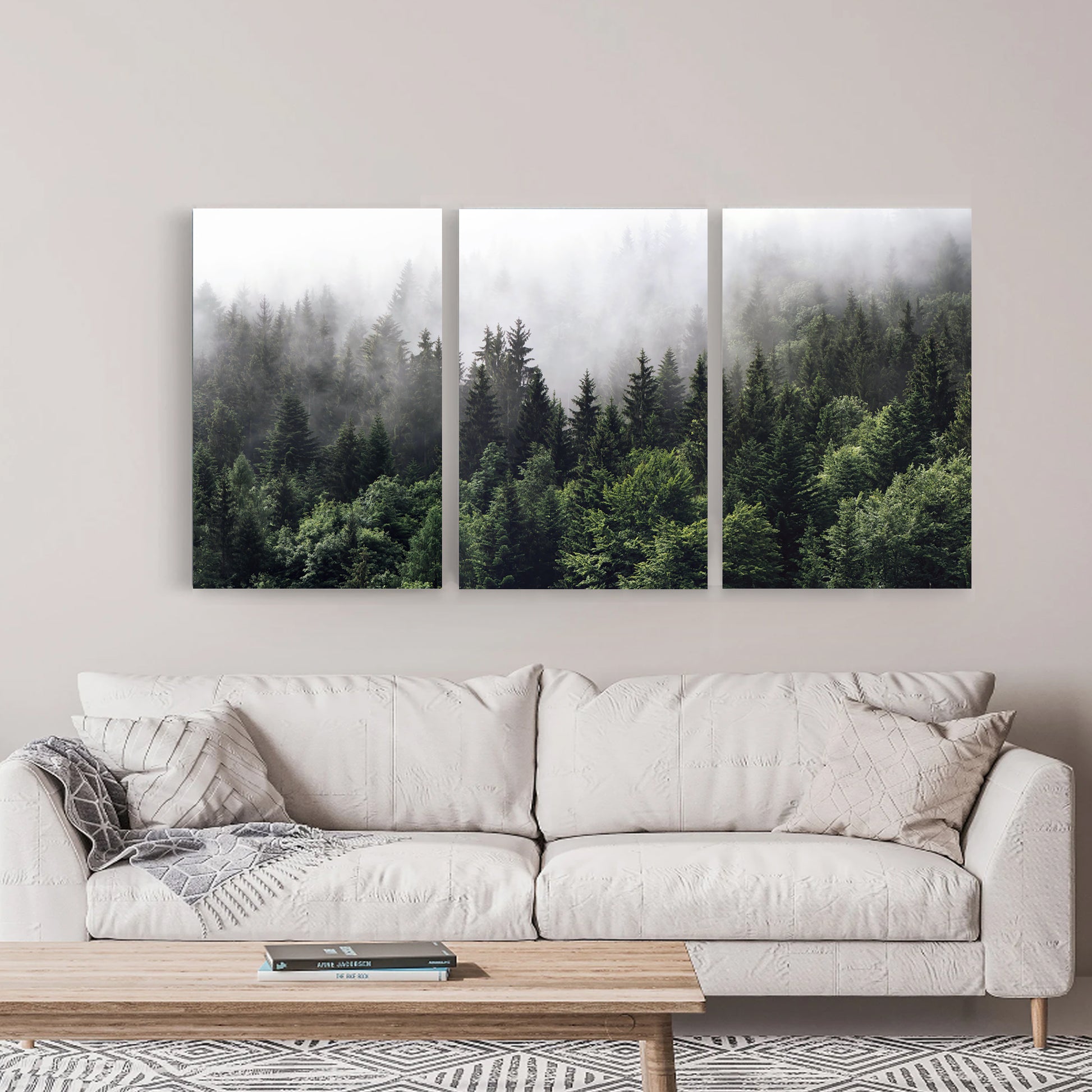 Foggy landscape canvas in living room.