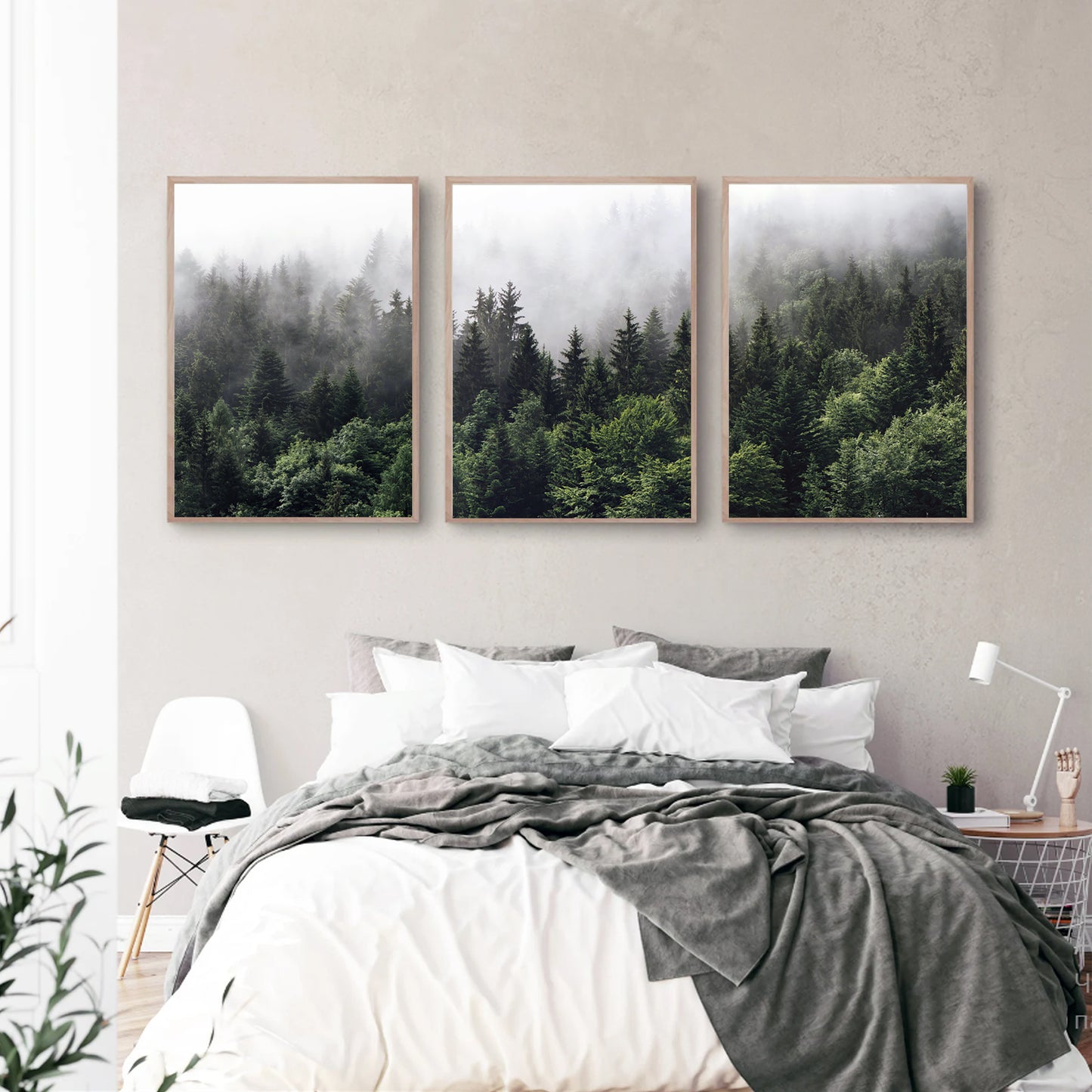 Green forest framed set in bedroom.