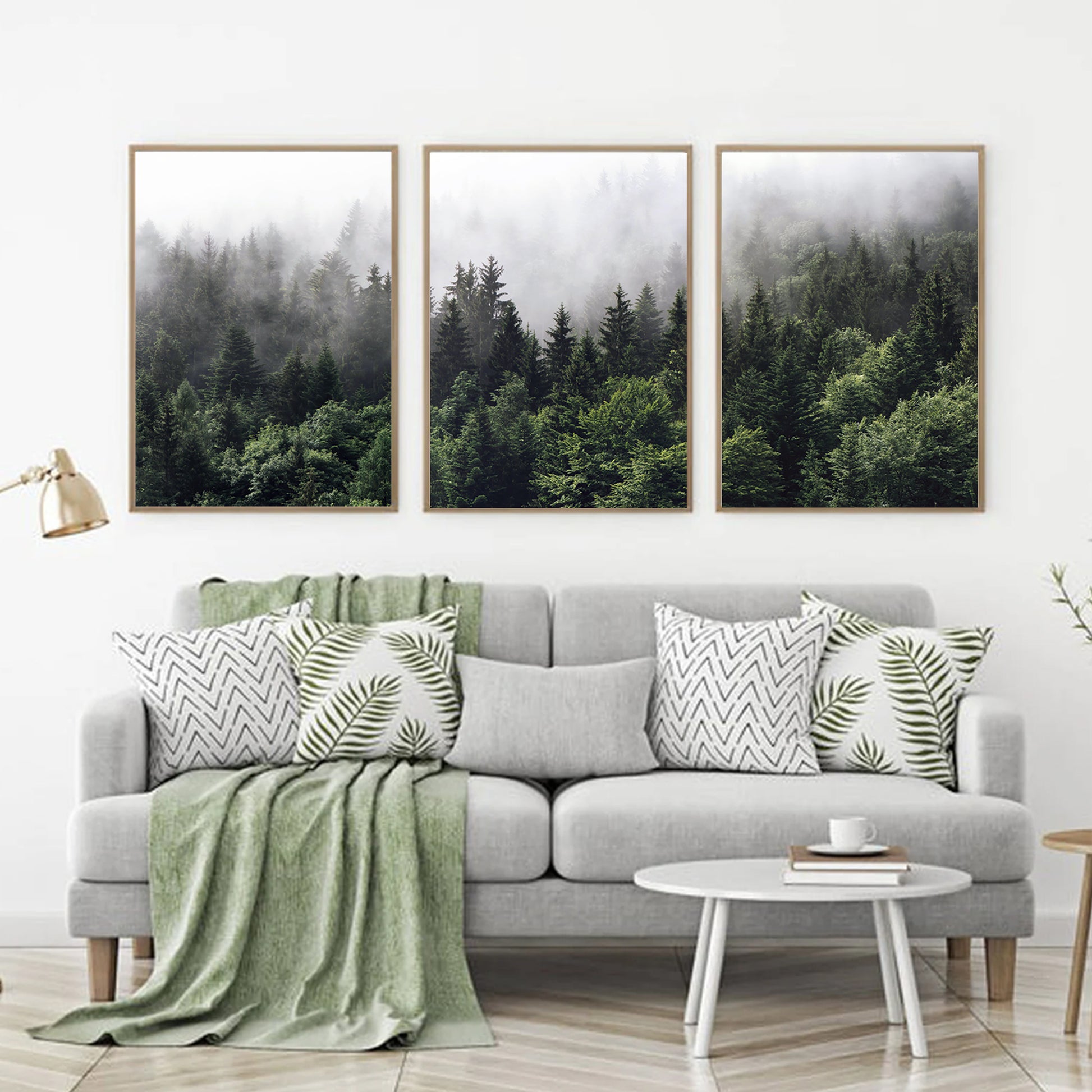 Green forest panorama living room wall decor.