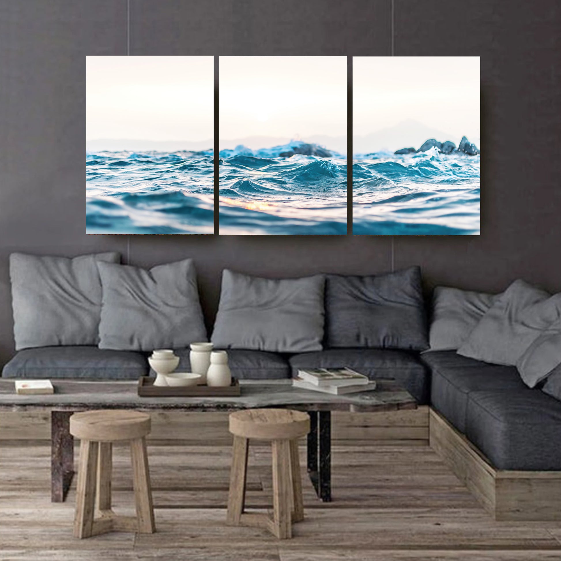 Sea waves canvas triptych o dark wall.