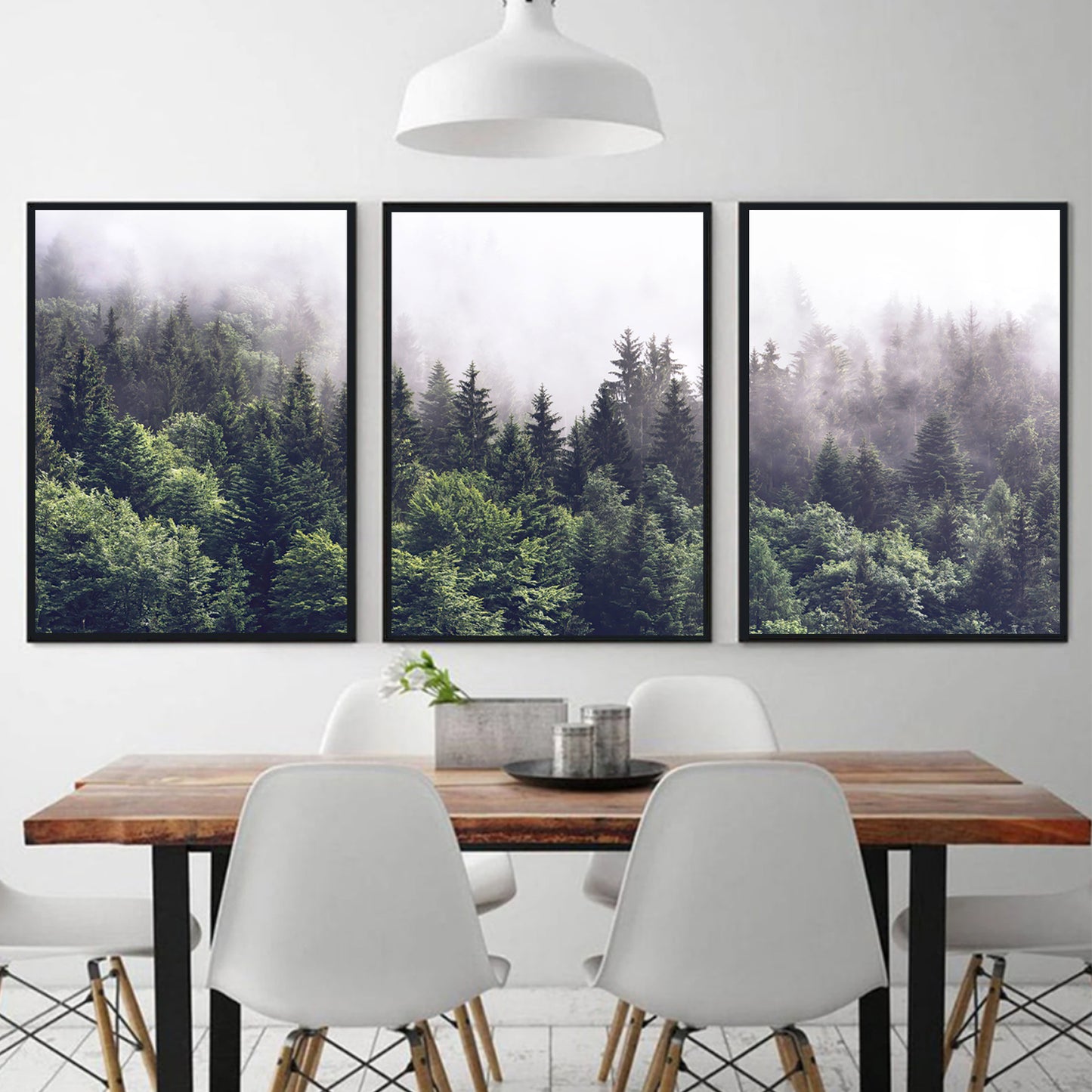 Misty forest 3 piece wall art in black color frames.