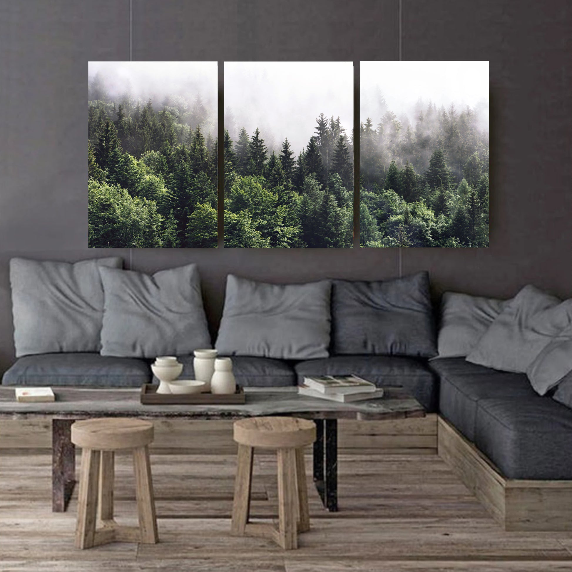 Foggy forest stretched canvas print.