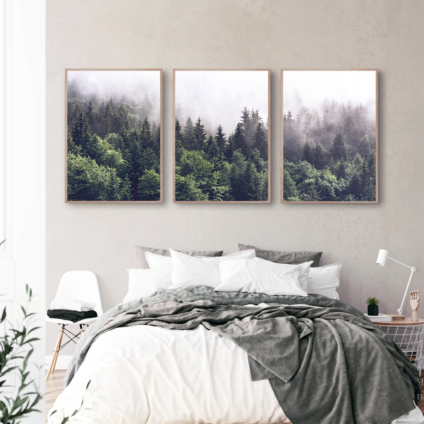 Misty forest 3 piece wall art in the bedroom.