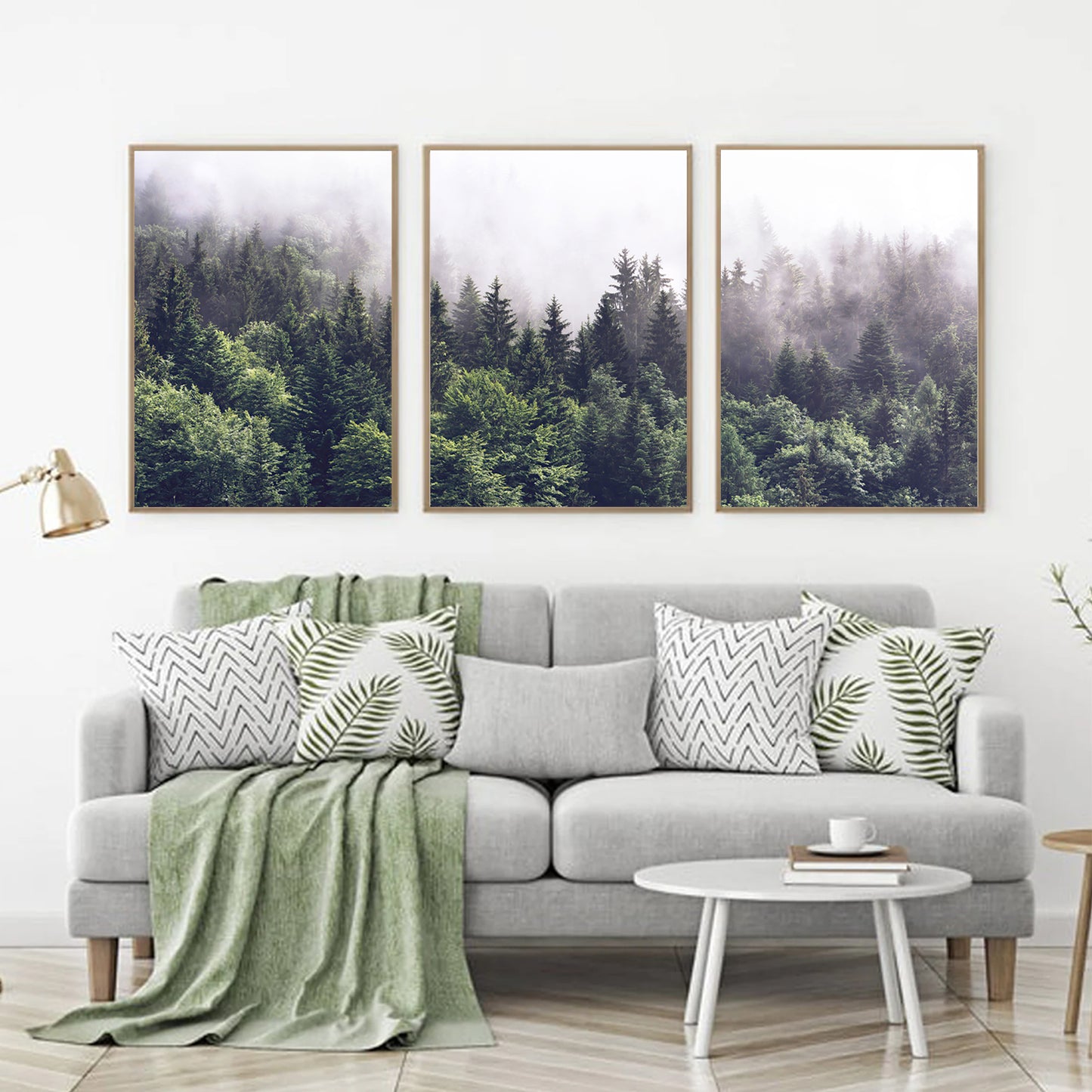 Misty forest 3 piece wall art in the interior of green shades