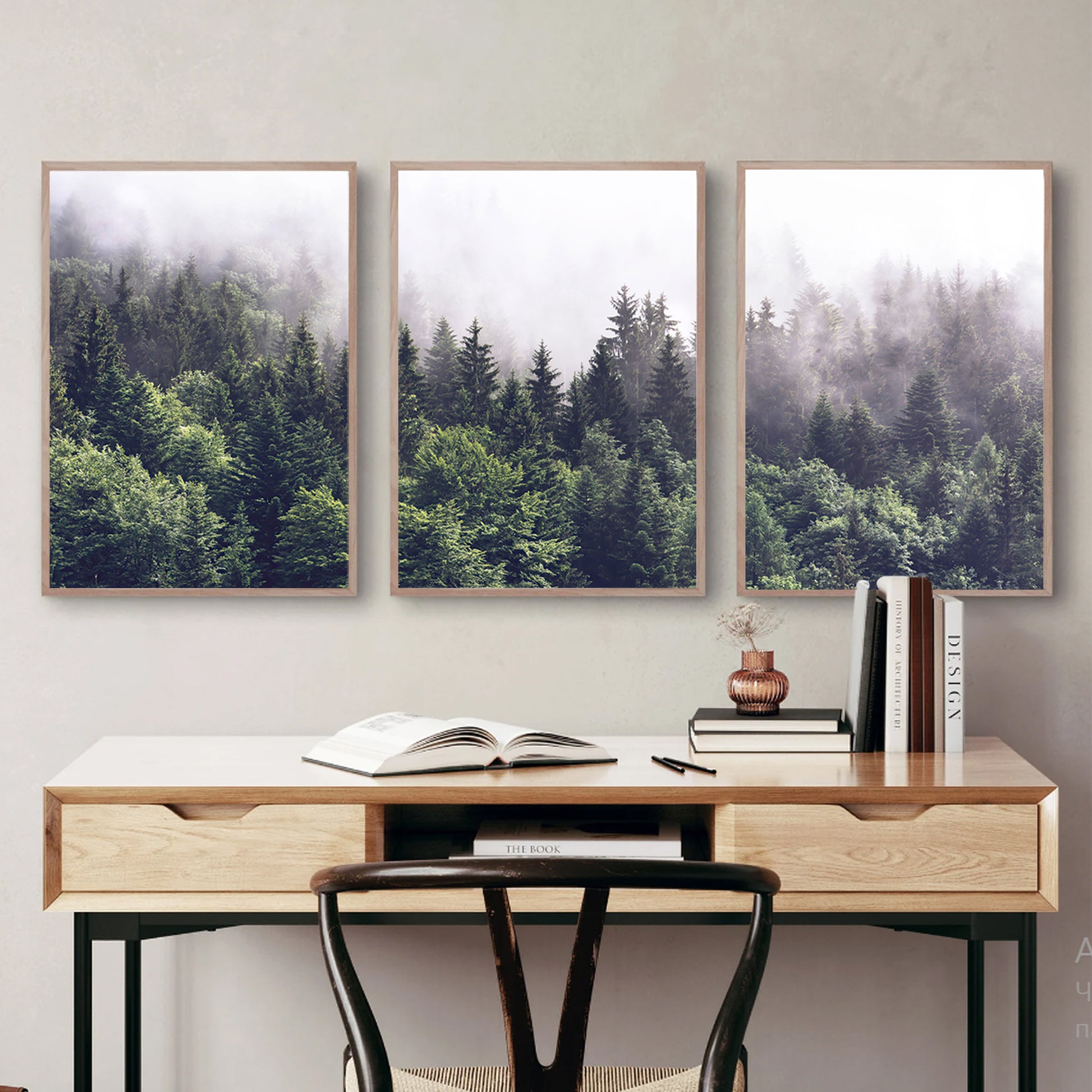 Misty forest 3 piece wall art 40x60 cm in wood color frames above the desk.