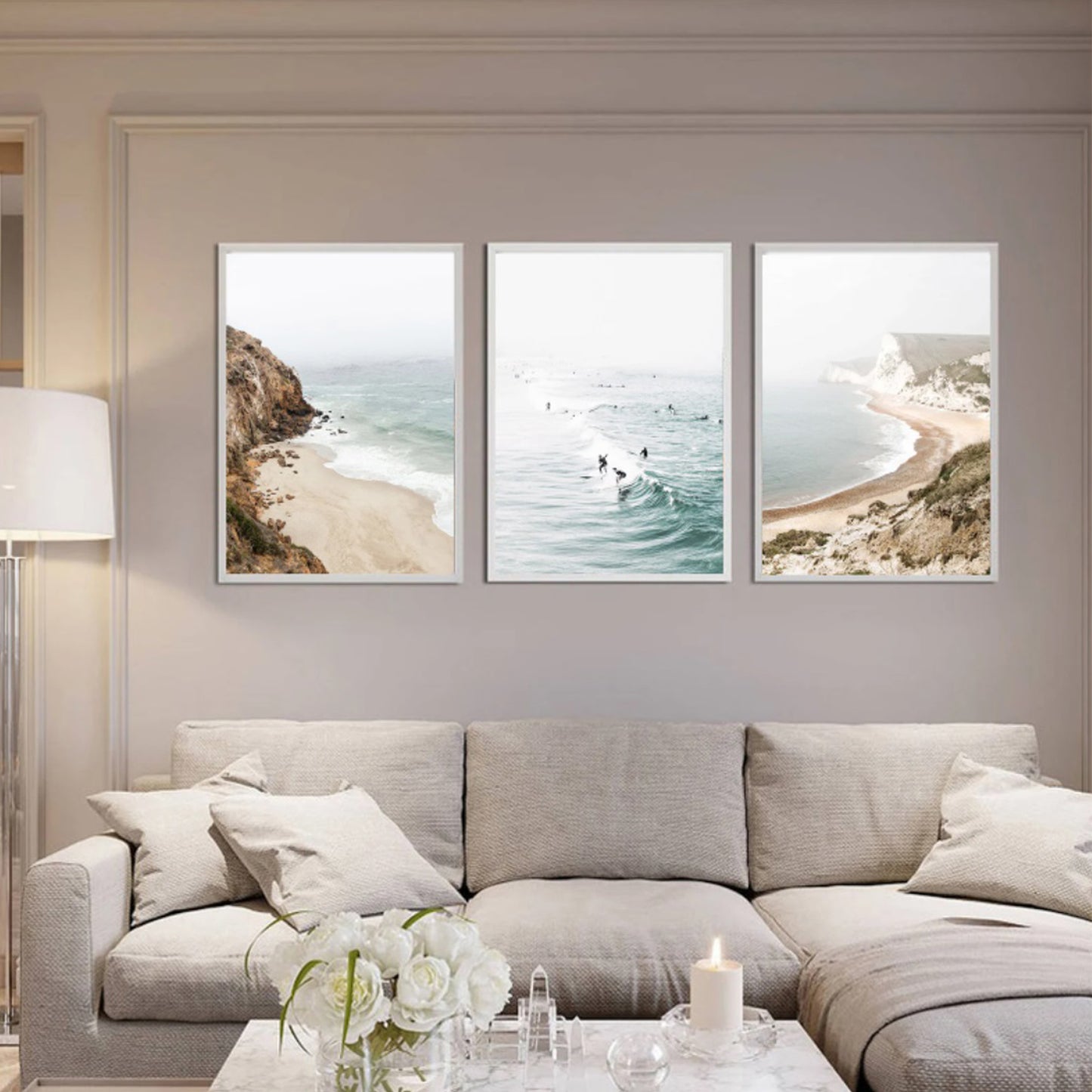 Coastal 3 piece wall art with white color frames.