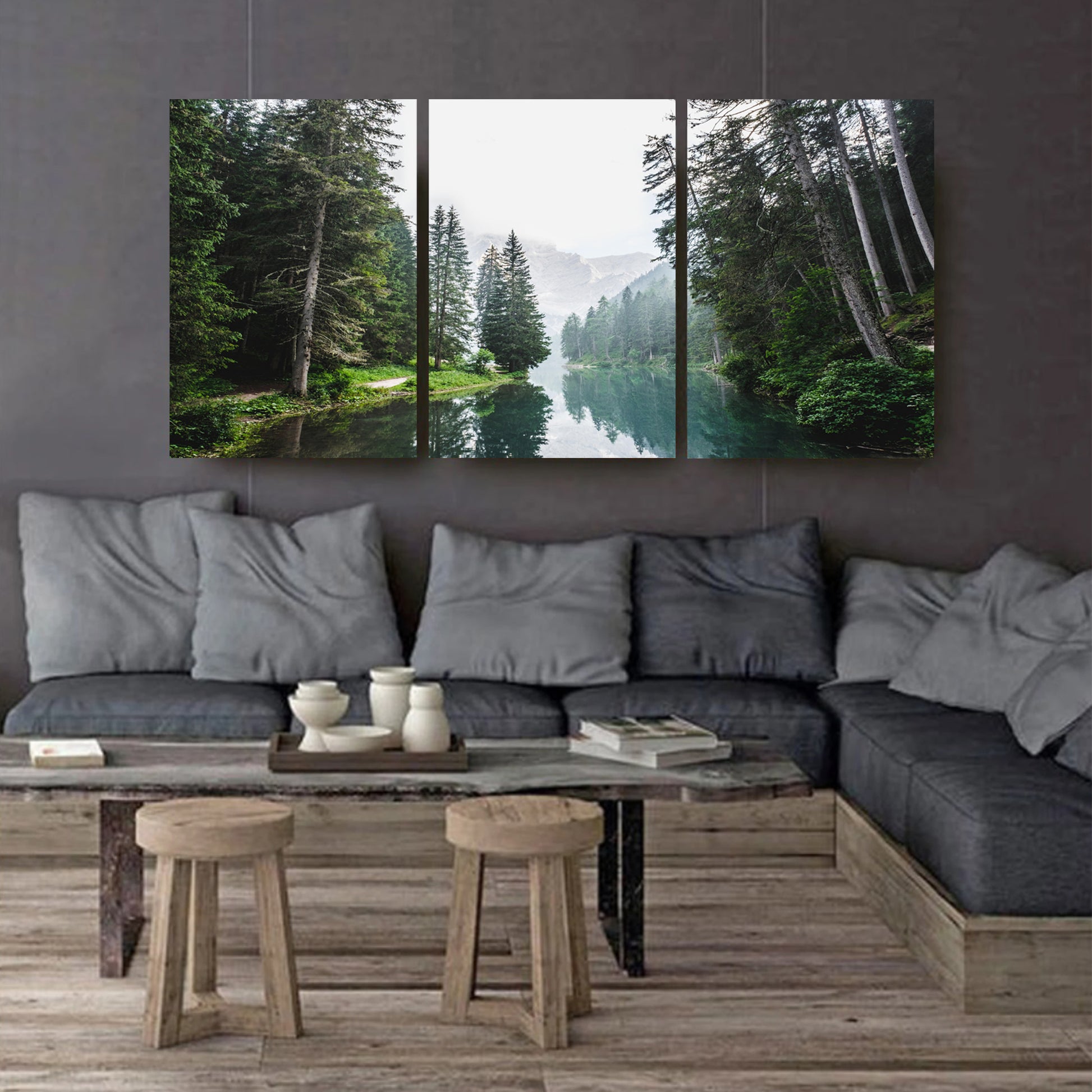 River canvas triptych on dark wall.