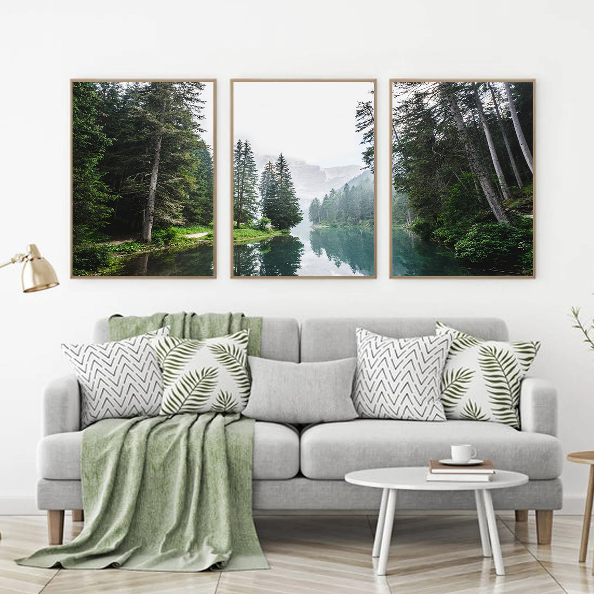 River triptych in wood color frames.