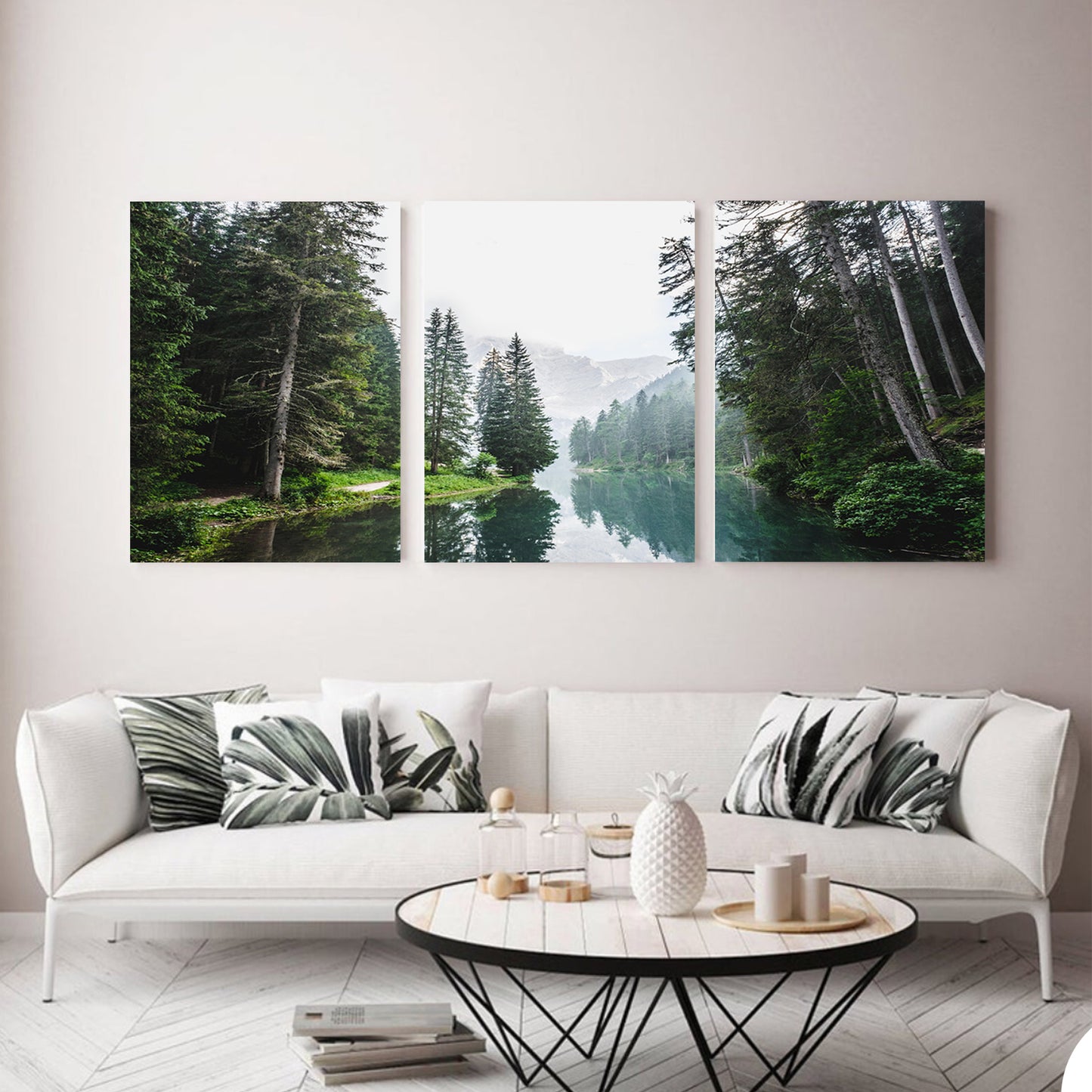 Canvas 3 panel with forest river.