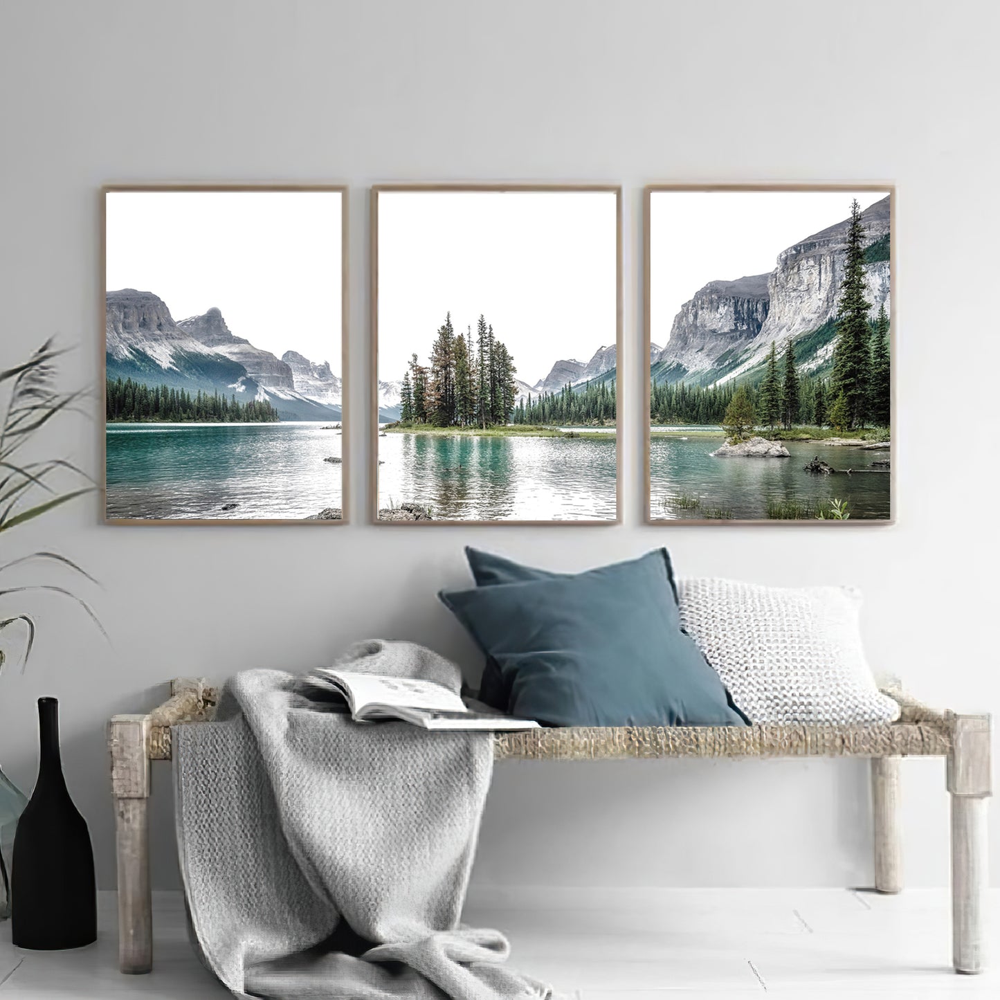 Mountain lake wall art in Scandinavian style interior.