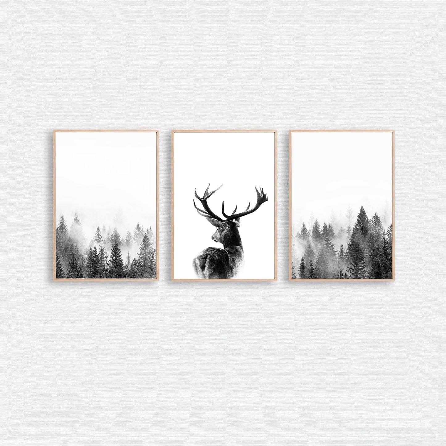 Triptych deer in fog and misty forest.