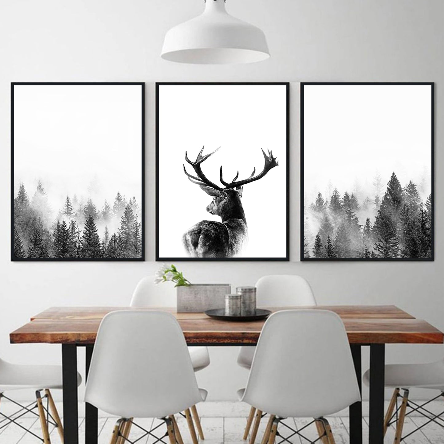 Deer in fog and misty forest triptych in black color frames.