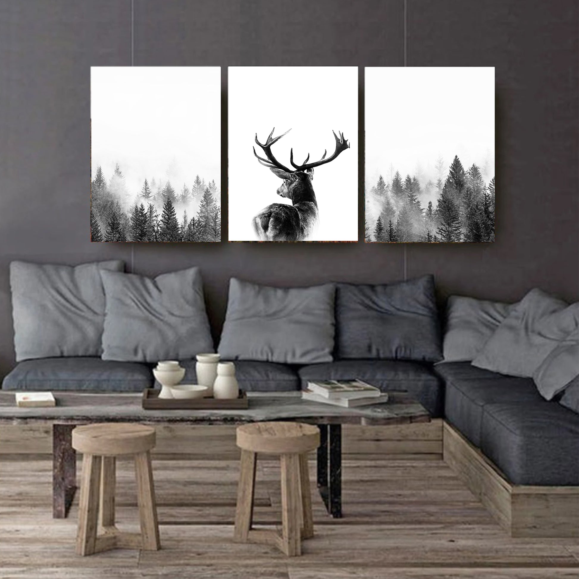 Deer in fog and forest stretched canvas triptych against a dark gray-black wall.