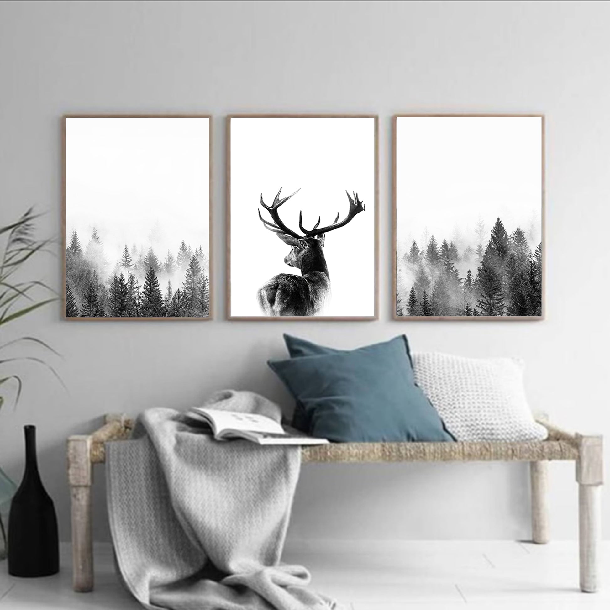 Deer and forest in fog triptych in the interior of gray shades.