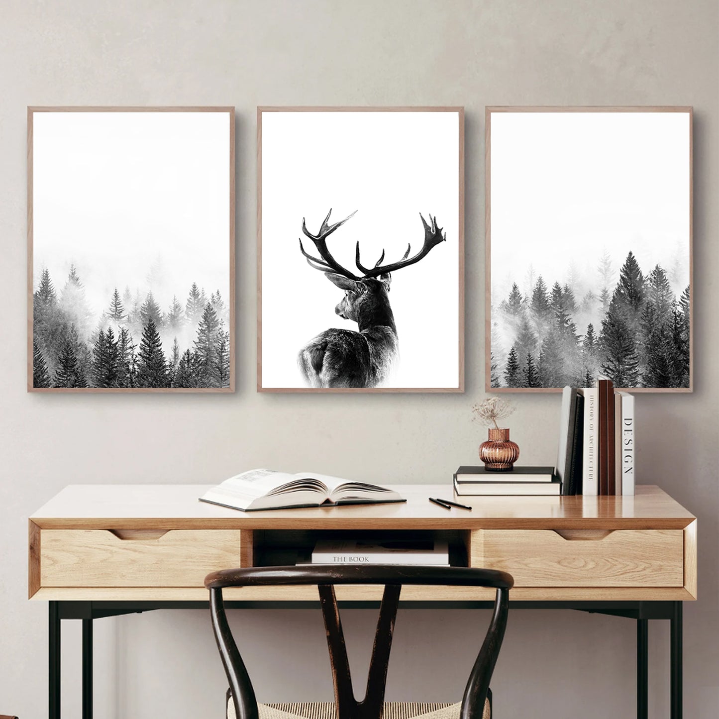 Deer in Foggy Pine Forest Wall Art | Deer Print with Misty Landscape