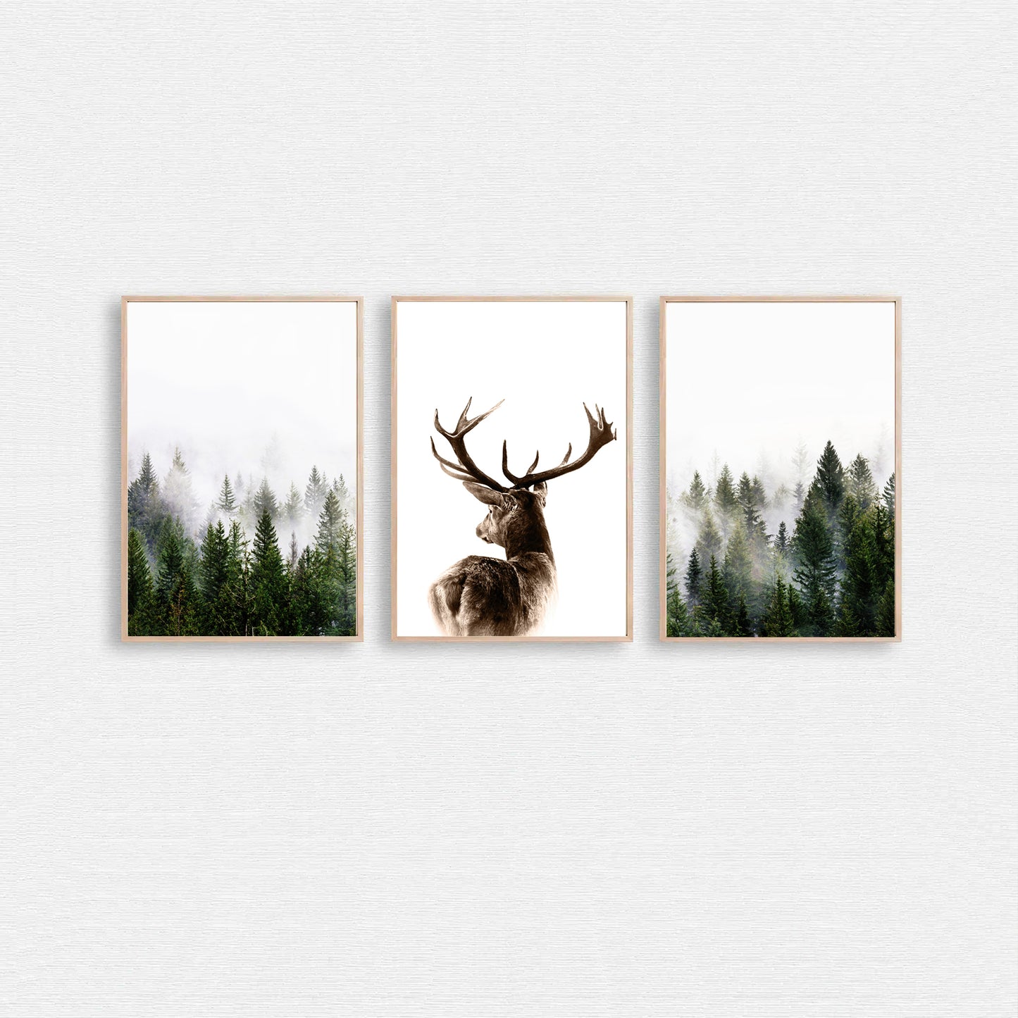 Woodland triptych with deer in fog.