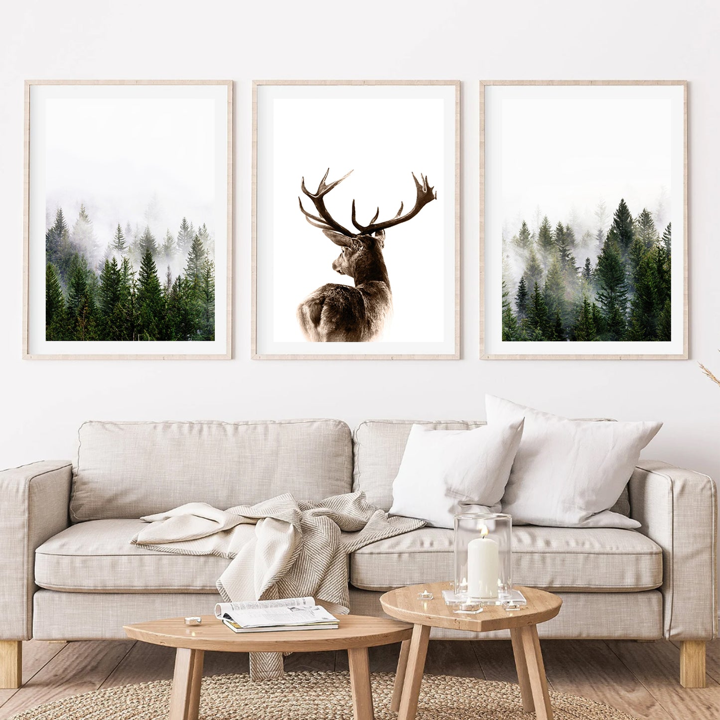 Hirsch im Wald 3-teiliges Wandbild, Triptychon auf Leinwand, Hirsch im Nebel