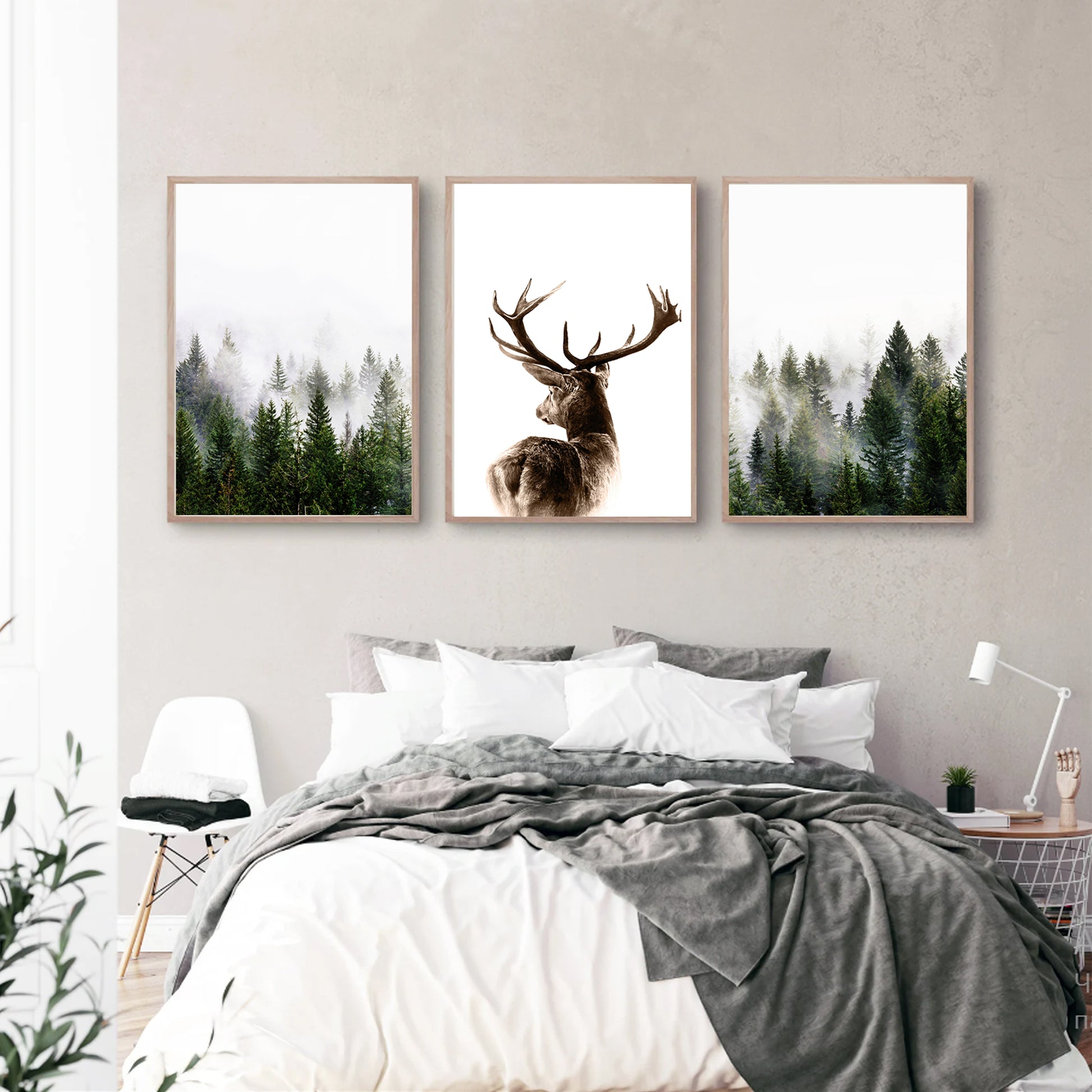 Triptych with deer in bedroom.